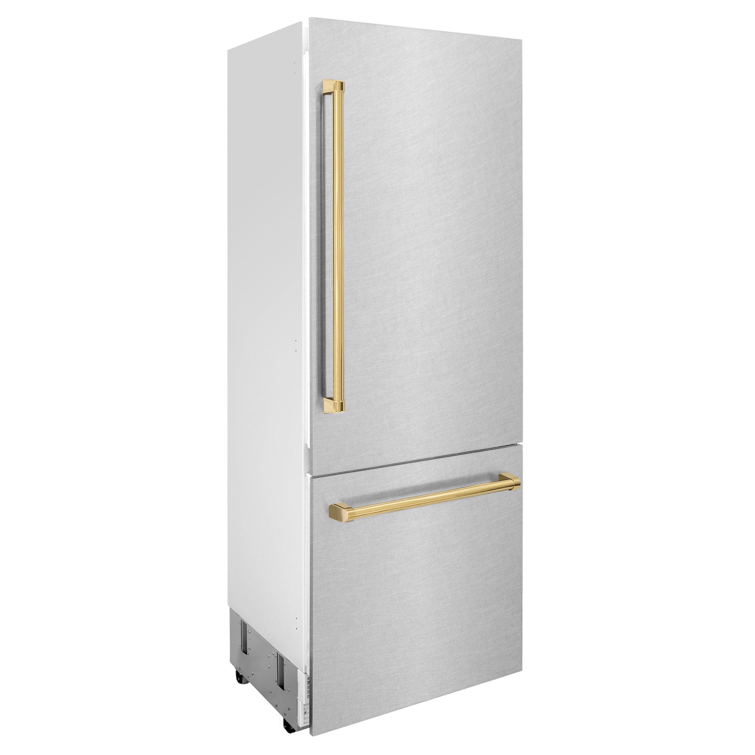 ZLINE Autograph Edition 30 in. 16.1 cu. ft. Built-In Bottom Freezer Refrigerator with Water Dispenser and Ice Maker in Satin Stainless Steel with Polished Gold Accents (RBIVZ-SN-30-G)