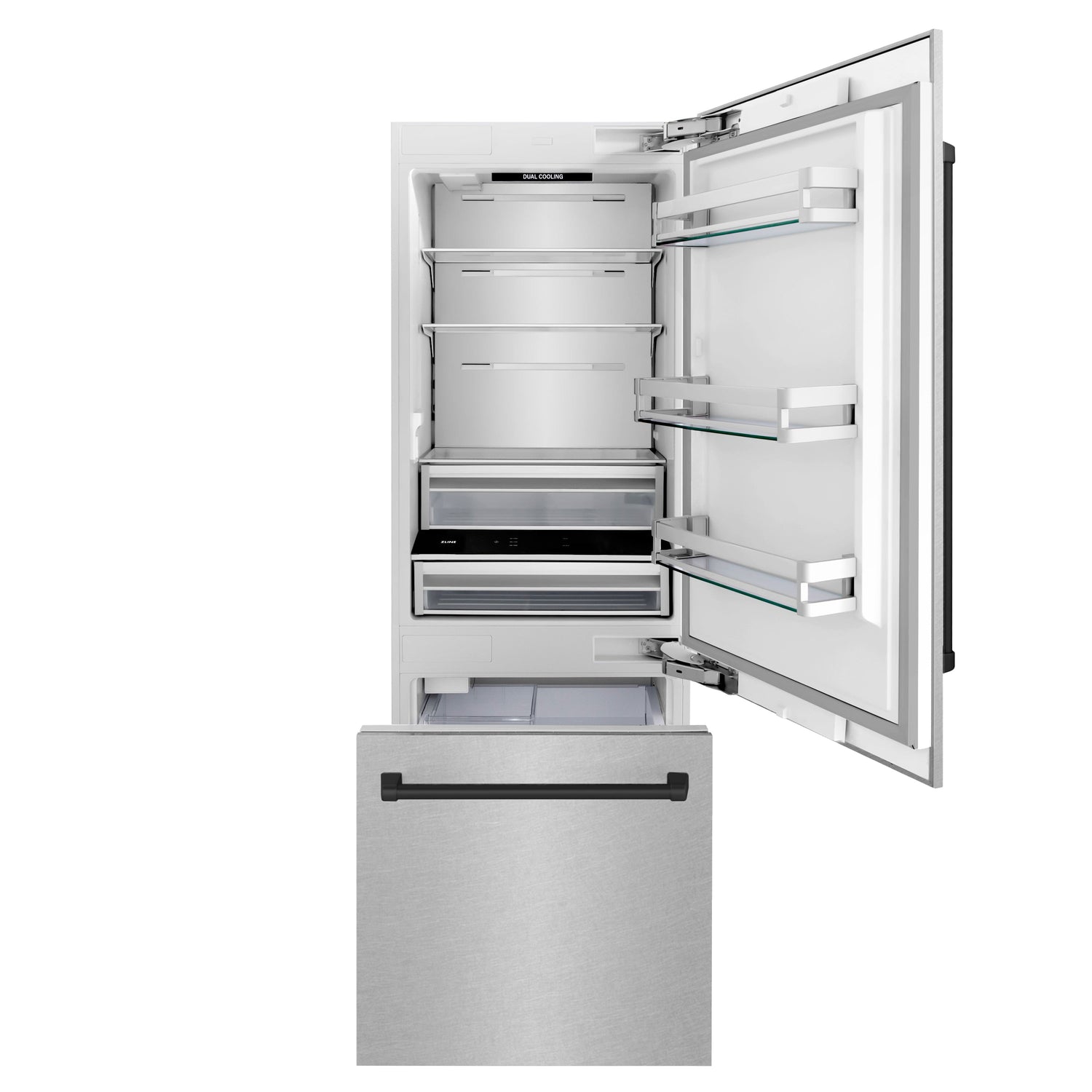ZLINE Autograph Edition 30 in. 16.1 cu. ft. Built-In Bottom Freezer Refrigerator with Water Dispenser and Ice Maker in Satin Stainless Steel with Matte Black Accents (RBIVZ-SN-30-MB)