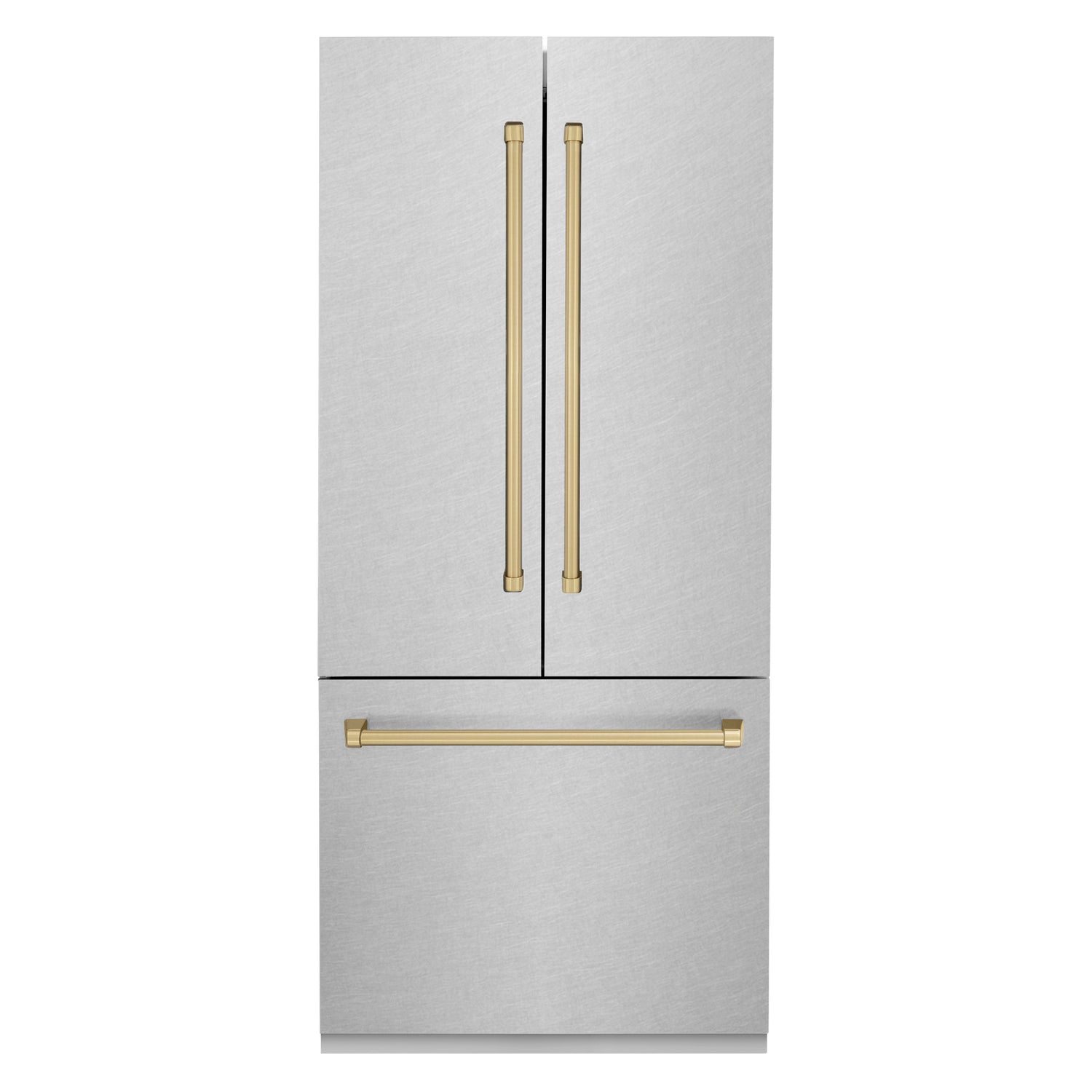 ZLINE Autograph Edition 36 in. 19.6 cu. ft. French Door Built-In Bottom Freezer Refrigerator with Water Dispenser and Ice Maker in Satin Stainless Steel with Champagne Bronze Accents (RBIVZ-SN-36-CB)