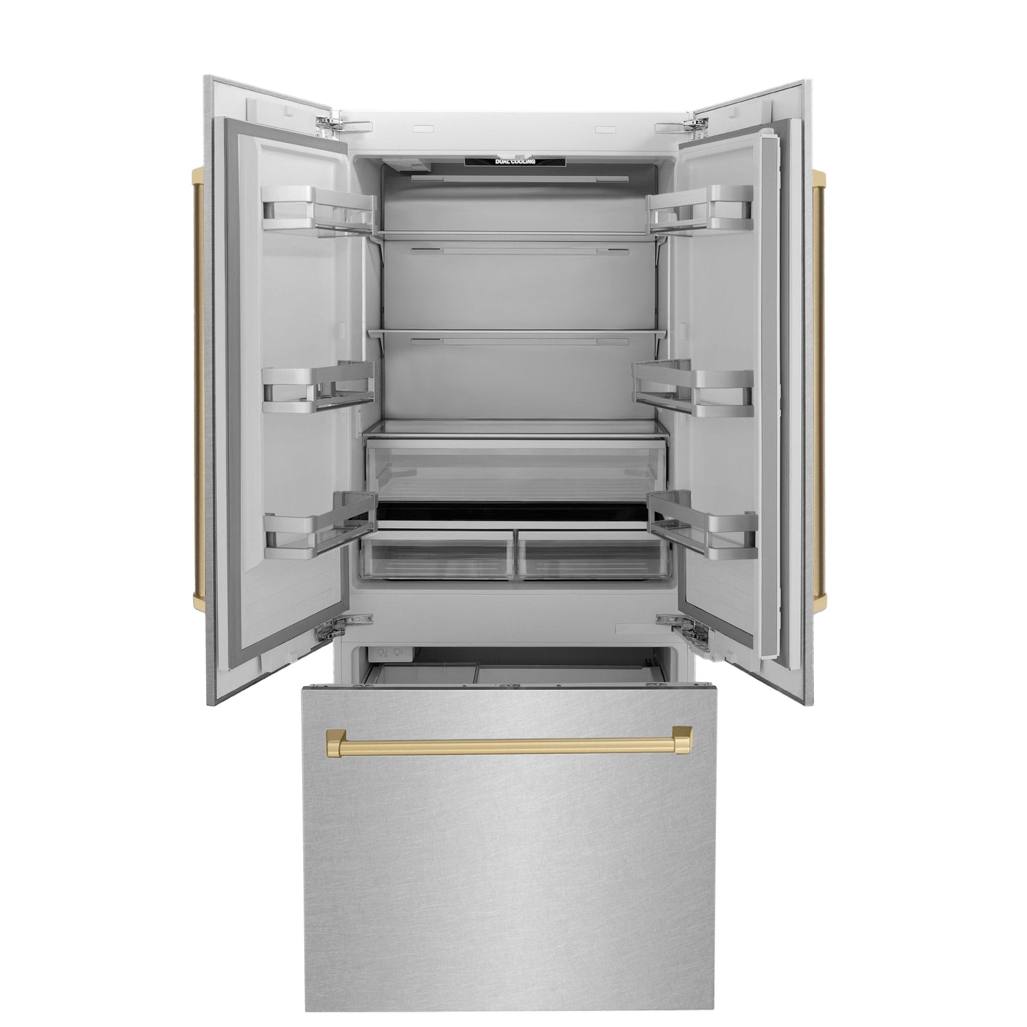 ZLINE Autograph Edition 36 in. 19.6 cu. ft. French Door Built-In Bottom Freezer Refrigerator with Water Dispenser and Ice Maker in Satin Stainless Steel with Champagne Bronze Accents (RBIVZ-SN-36-CB)