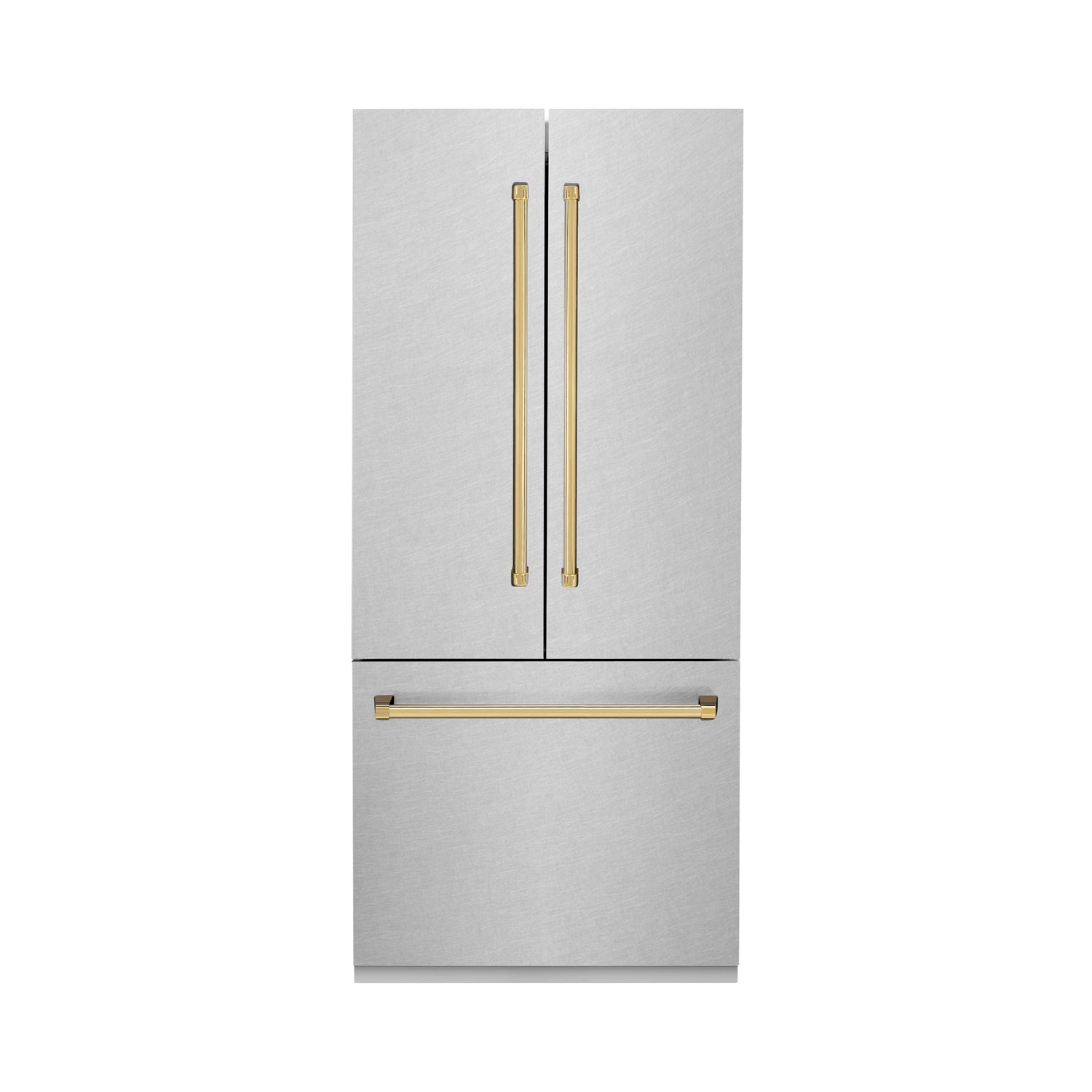 ZLINE Autograph Edition 36 in. 19.6 cu. ft. French Door Built-In Bottom Freezer Refrigerator with Water Dispenser and Ice Maker in Satin Stainless Steel with Polished Gold Accents (RBIVZ-SN-36-G)