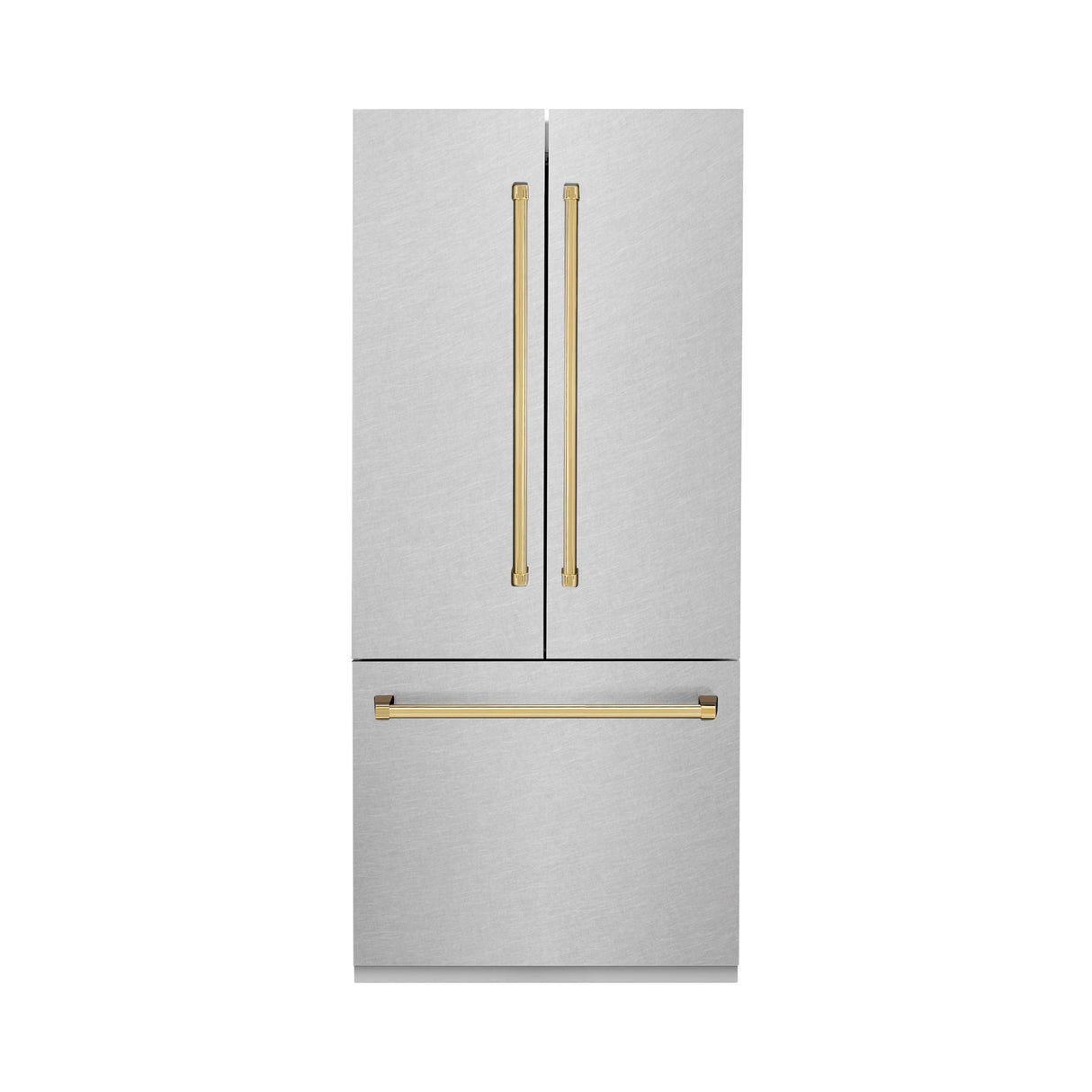 ZLINE Autograph Edition 36 in. 19.6 cu. ft. French Door Built-In Bottom Freezer Refrigerator with Water Dispenser and Ice Maker in Satin Stainless Steel with Polished Gold Accents (RBIVZ-SN-36-G)