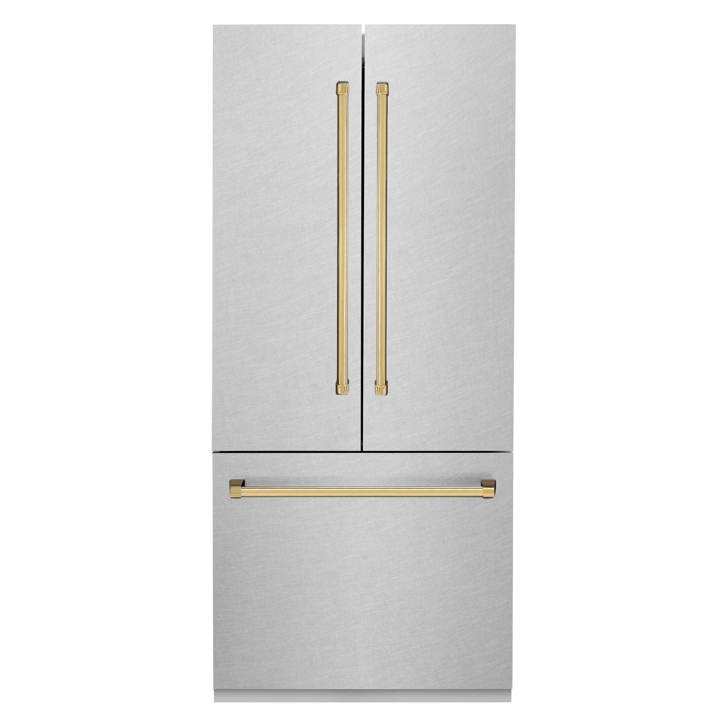 ZLINE Autograph Edition 36 in. 19.6 cu. ft. French Door Built-In Bottom Freezer Refrigerator with Water Dispenser and Ice Maker in Satin Stainless Steel with Polished Gold Accents (RBIVZ-SN-36-G)