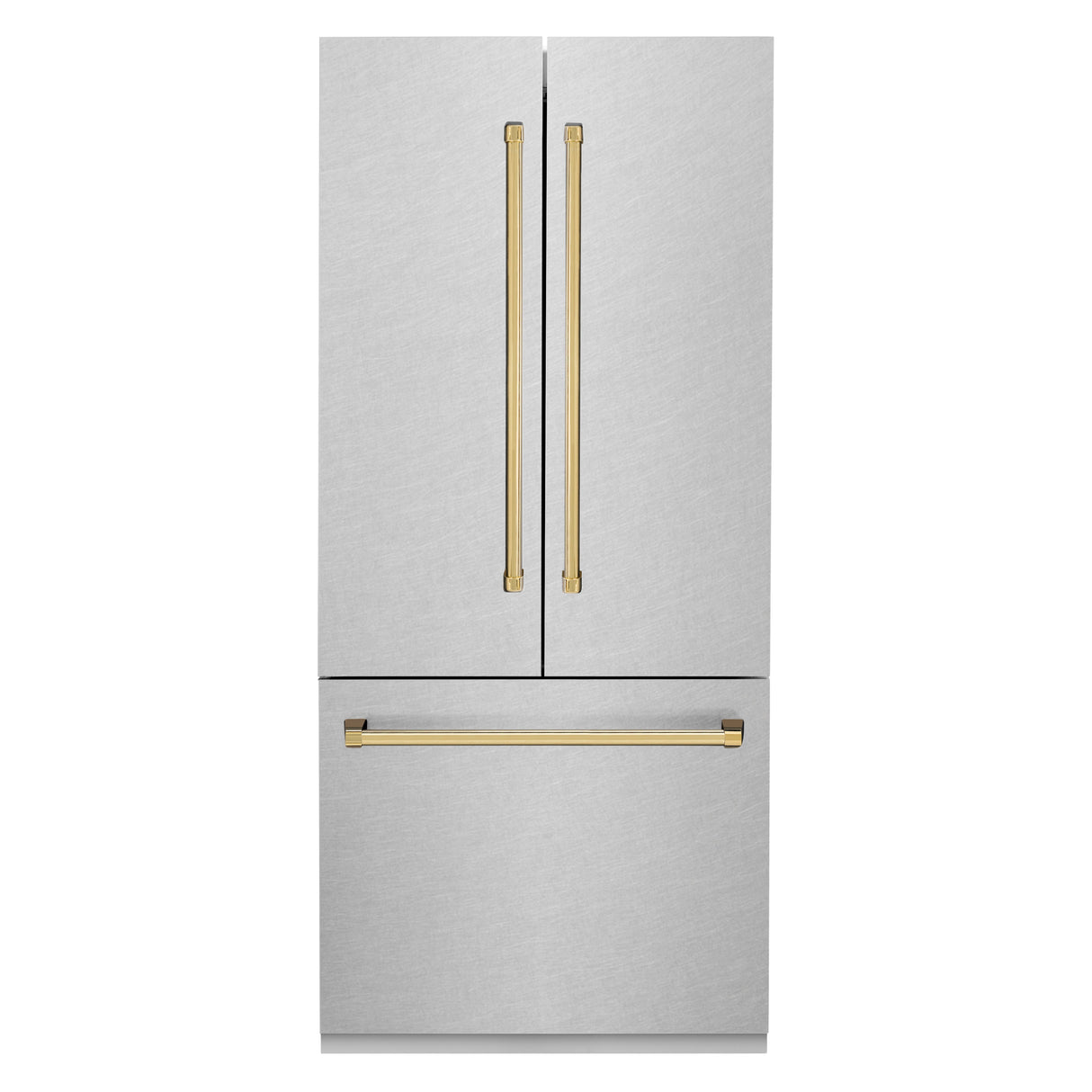 ZLINE Autograph Edition 36 in. 19.6 cu. ft. French Door Built-In Bottom Freezer Refrigerator with Water Dispenser and Ice Maker in Satin Stainless Steel with Polished Gold Accents (RBIVZ-SN-36-G)