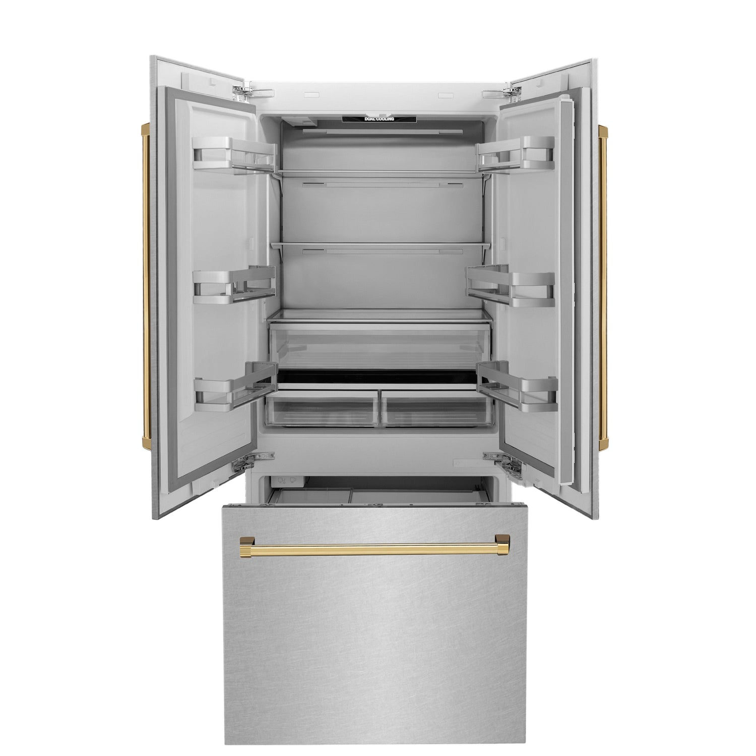 ZLINE Autograph Edition 36 in. 19.6 cu. ft. French Door Built-In Bottom Freezer Refrigerator with Water Dispenser and Ice Maker in Satin Stainless Steel with Polished Gold Accents (RBIVZ-SN-36-G)