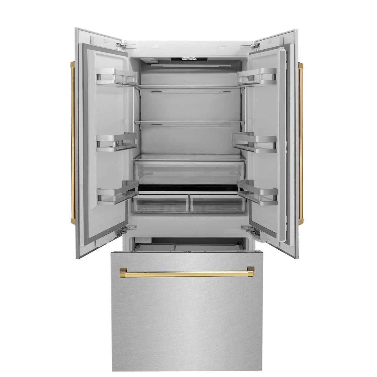 ZLINE Autograph Edition 36 in. 19.6 cu. ft. French Door Built-In Bottom Freezer Refrigerator with Water Dispenser and Ice Maker in Satin Stainless Steel with Polished Gold Accents (RBIVZ-SN-36-G)