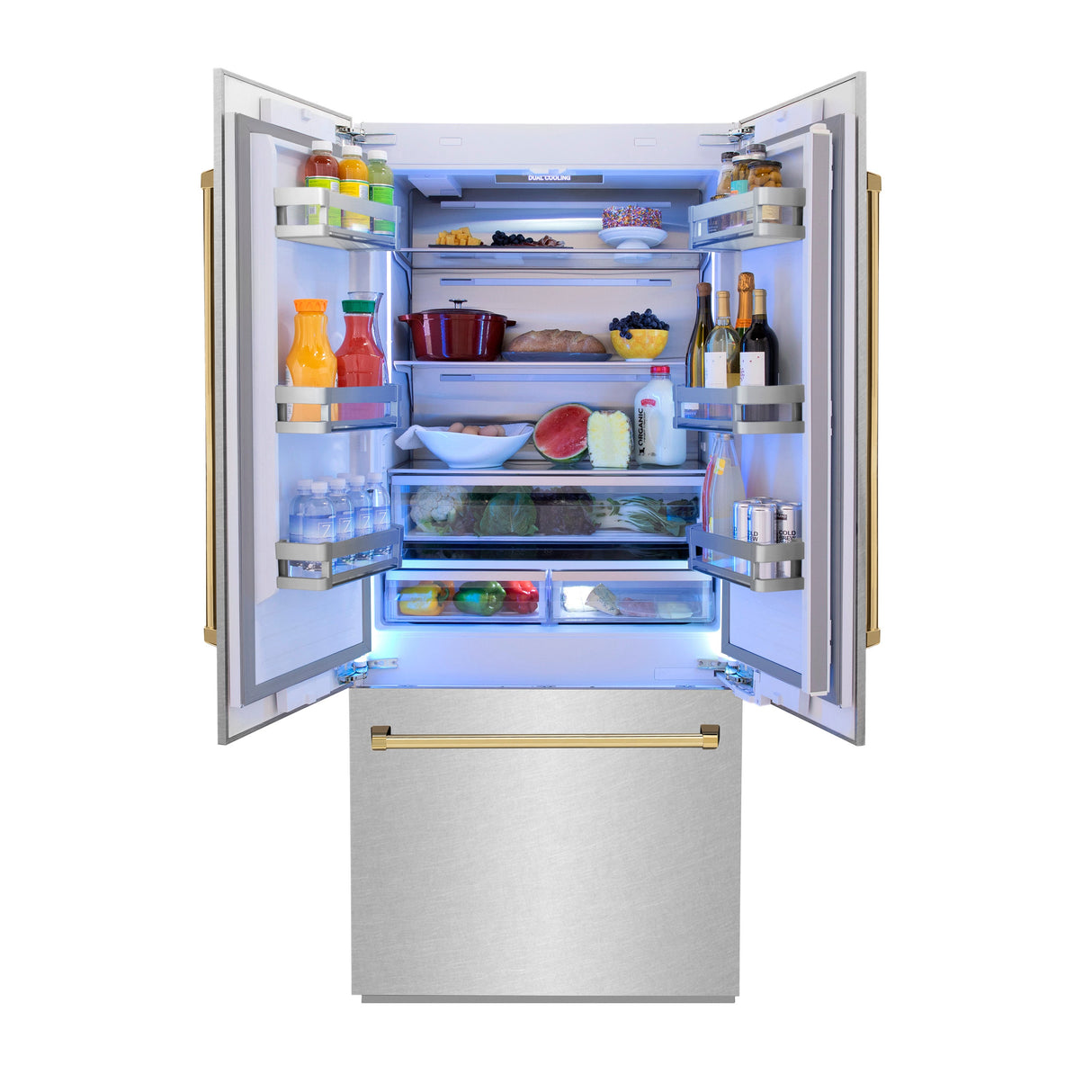 ZLINE Autograph Edition 36 in. 19.6 cu. ft. French Door Built-In Bottom Freezer Refrigerator with Water Dispenser and Ice Maker in Satin Stainless Steel with Polished Gold Accents (RBIVZ-SN-36-G)