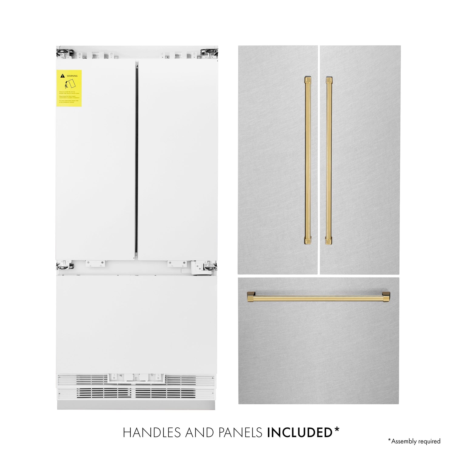 ZLINE Autograph Edition 36 in. 19.6 cu. ft. French Door Built-In Bottom Freezer Refrigerator with Water Dispenser and Ice Maker in Satin Stainless Steel with Polished Gold Accents (RBIVZ-SN-36-G)