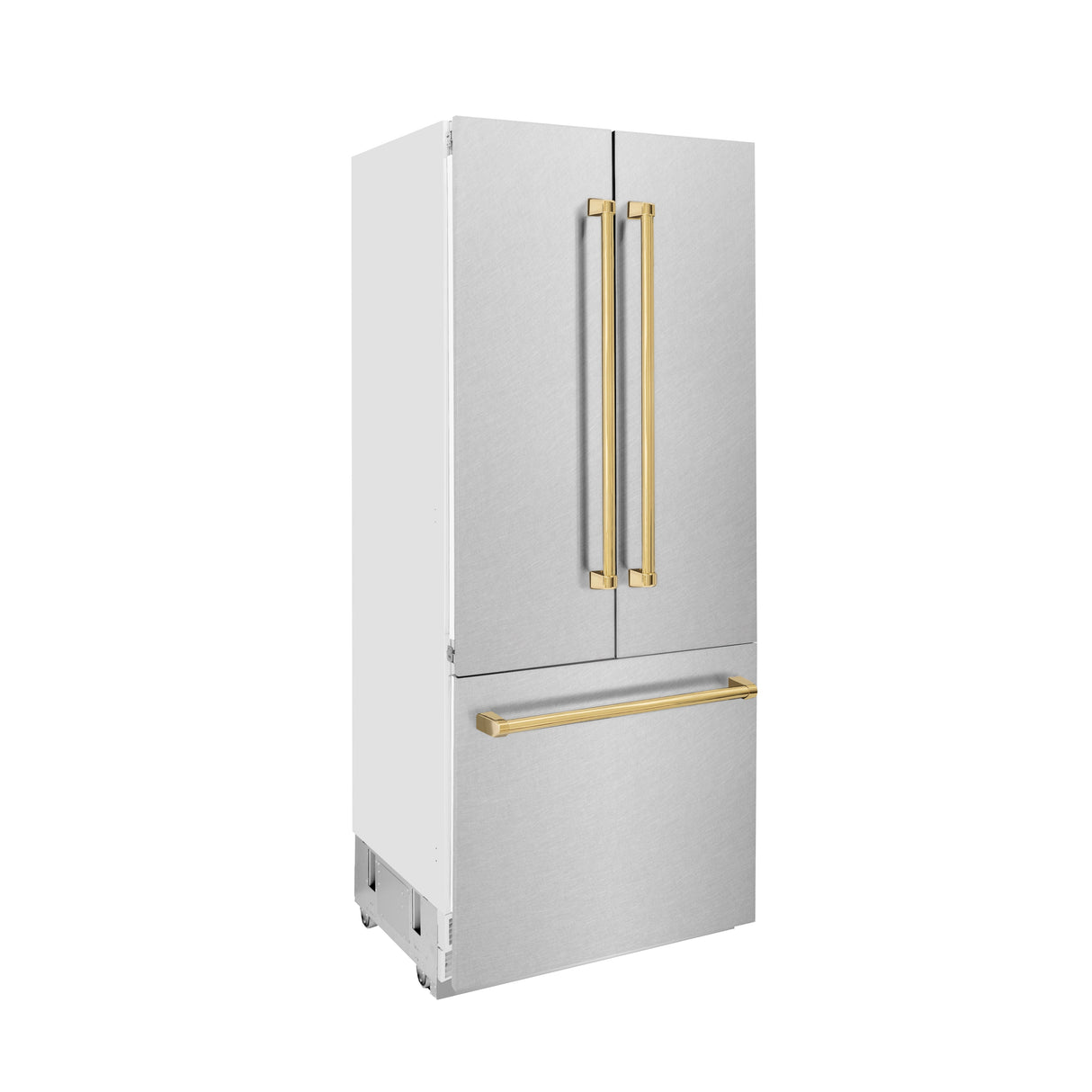 ZLINE Autograph Edition 36 in. 19.6 cu. ft. French Door Built-In Bottom Freezer Refrigerator with Water Dispenser and Ice Maker in Satin Stainless Steel with Polished Gold Accents (RBIVZ-SN-36-G)