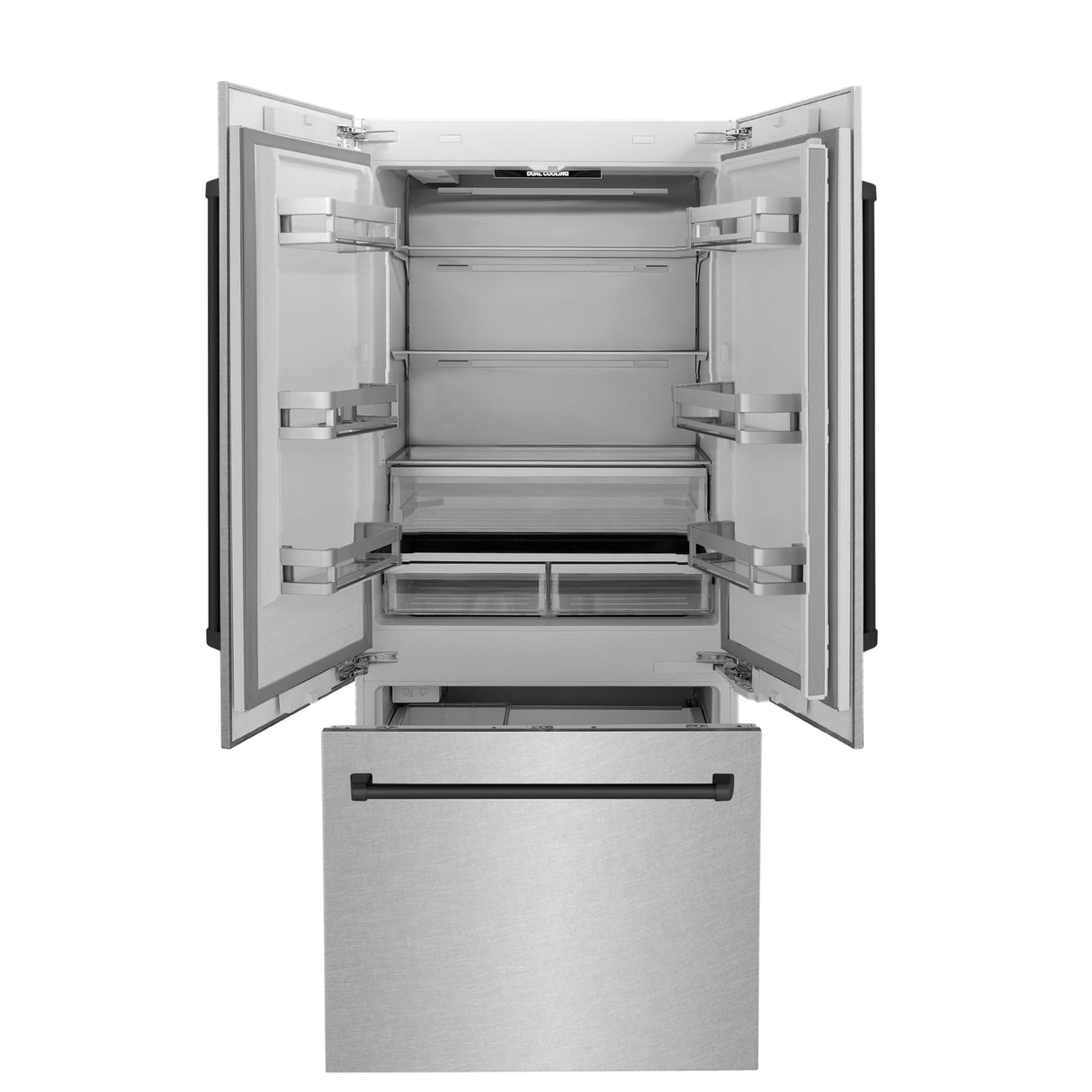 ZLINE Autograph Edition 36 in. 19.6 cu. ft. French Door Built-In Bottom Freezer Refrigerator with Water Dispenser and Ice Maker in Satin Stainless Steel with Matte Black Accents (RBIVZ-SN-36-MB)