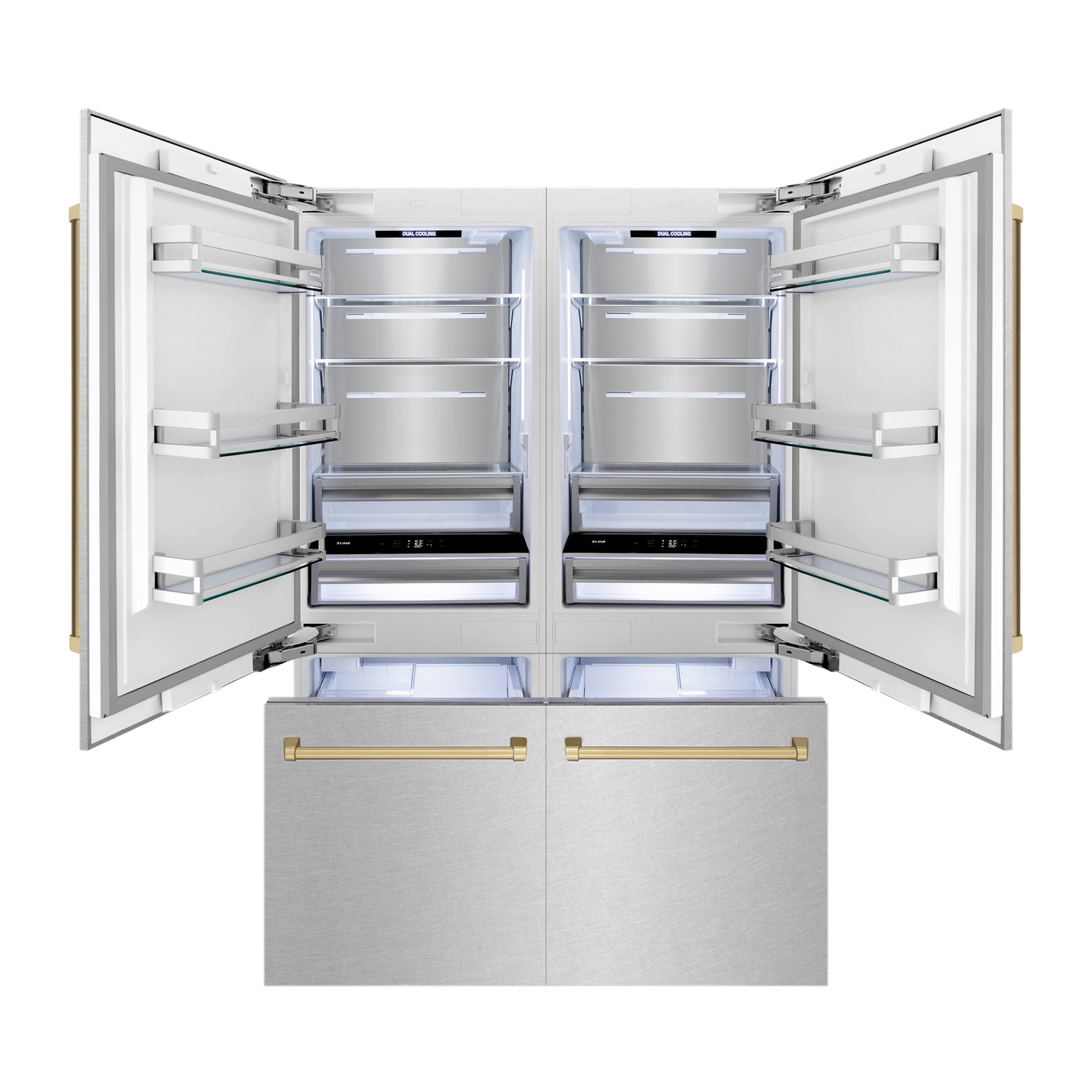 ZLINE Autograph Edition 60 in. 32.2 cu. ft. French Door Built-In Bottom Freezer Refrigerator with Water Dispenser and Ice Maker in Satin Stainless Steel with Champagne Bronze Accents (RBIVZ-SN-60-CB)