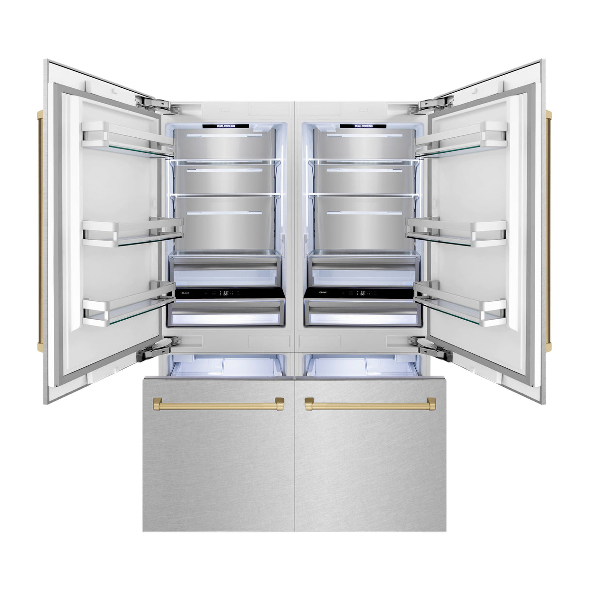 ZLINE Autograph Edition 60 in. 32.2 cu. ft. French Door Built-In Bottom Freezer Refrigerator with Water Dispenser and Ice Maker in Satin Stainless Steel with Champagne Bronze Accents (RBIVZ-SN-60-CB)
