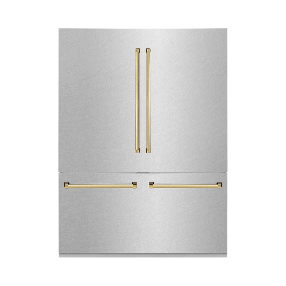 ZLINE Autograph Edition 60 in. 32.2 cu. ft. French Door Built-In Bottom Freezer Refrigerator with Water Dispenser and Ice Maker in Satin Stainless Steel with Polished Gold Accents (RBIVZ-SN-60-G)