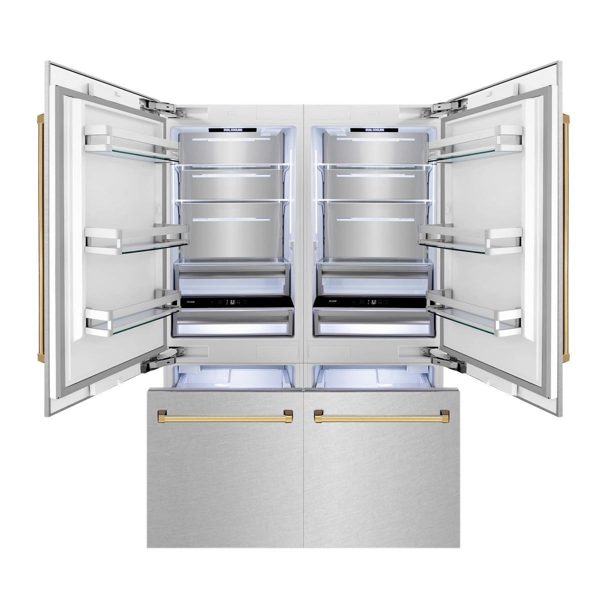 ZLINE Autograph Edition 60 in. 32.2 cu. ft. French Door Built-In Bottom Freezer Refrigerator with Water Dispenser and Ice Maker in Satin Stainless Steel with Polished Gold Accents (RBIVZ-SN-60-G)