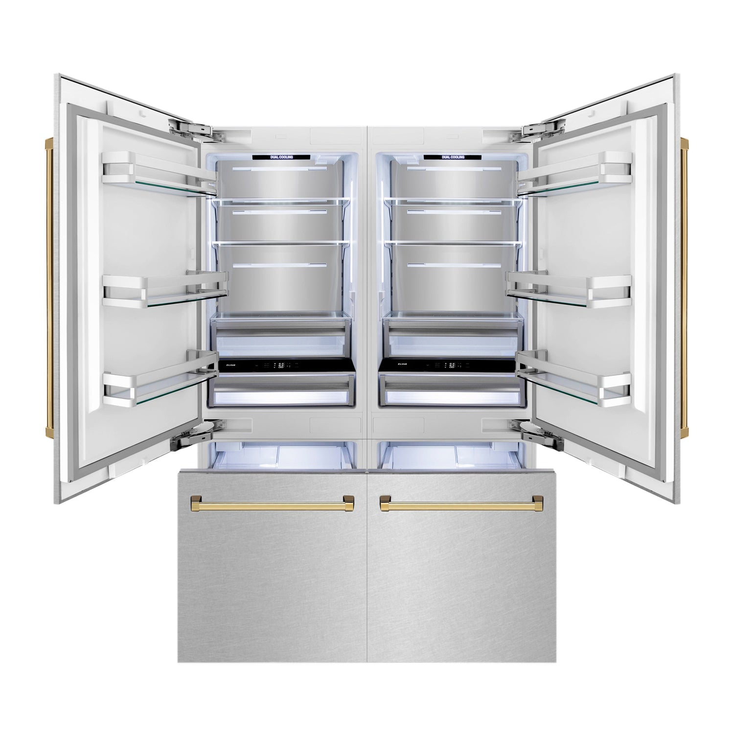 ZLINE Autograph Edition 60 in. 32.2 cu. ft. French Door Built-In Bottom Freezer Refrigerator with Water Dispenser and Ice Maker in Satin Stainless Steel with Polished Gold Accents (RBIVZ-SN-60-G)