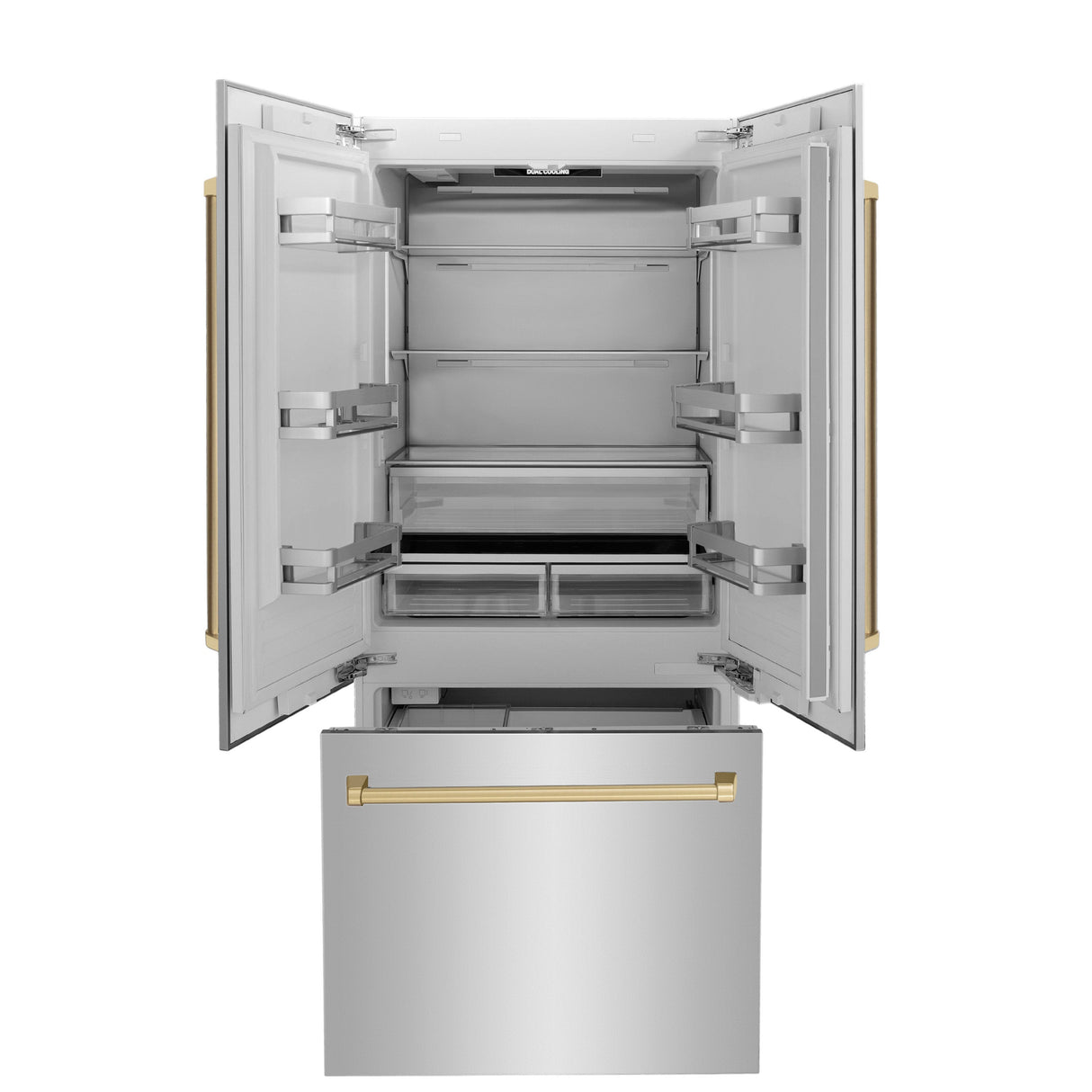 ZLINE Autograph Edition 36 in. 19.6 cu. ft. French Door Built-In Bottom Freezer Refrigerator with Water Dispenser and Ice Maker in Stainless Steel with Champagne Bronze Accents (RBIVZ-304-36-CB)