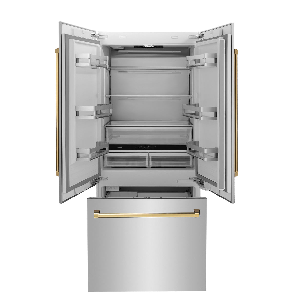 ZLINE Autograph Edition 36 in. 19.6 cu. ft. French Door Built-In Bottom Freezer Refrigerator with Water Dispenser and Ice Maker in Stainless Steel with Polished Gold Accents (RBIVZ-304-36-G)