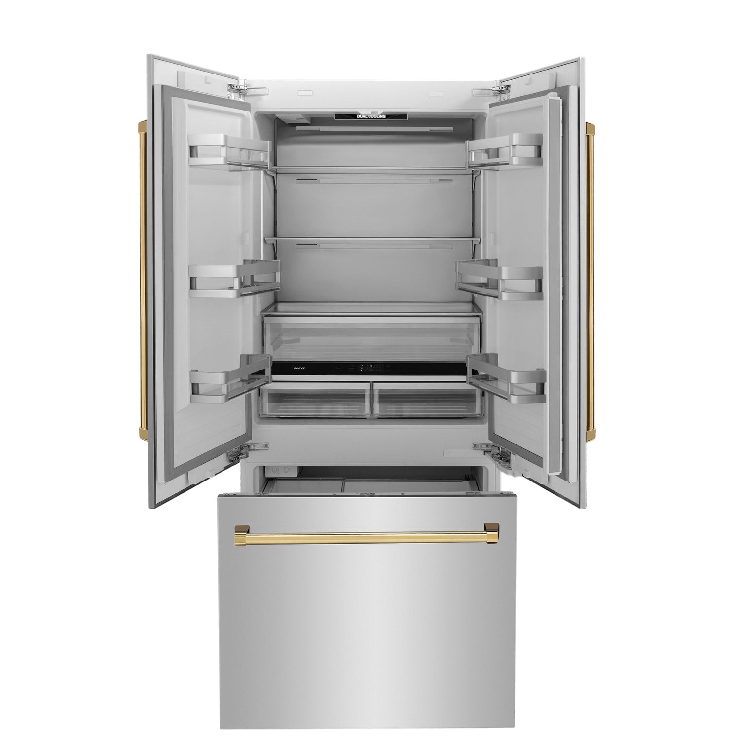 ZLINE Autograph Edition 36 in. 19.6 cu. ft. French Door Built-In Bottom Freezer Refrigerator with Water Dispenser and Ice Maker in Stainless Steel with Polished Gold Accents (RBIVZ-304-36-G)