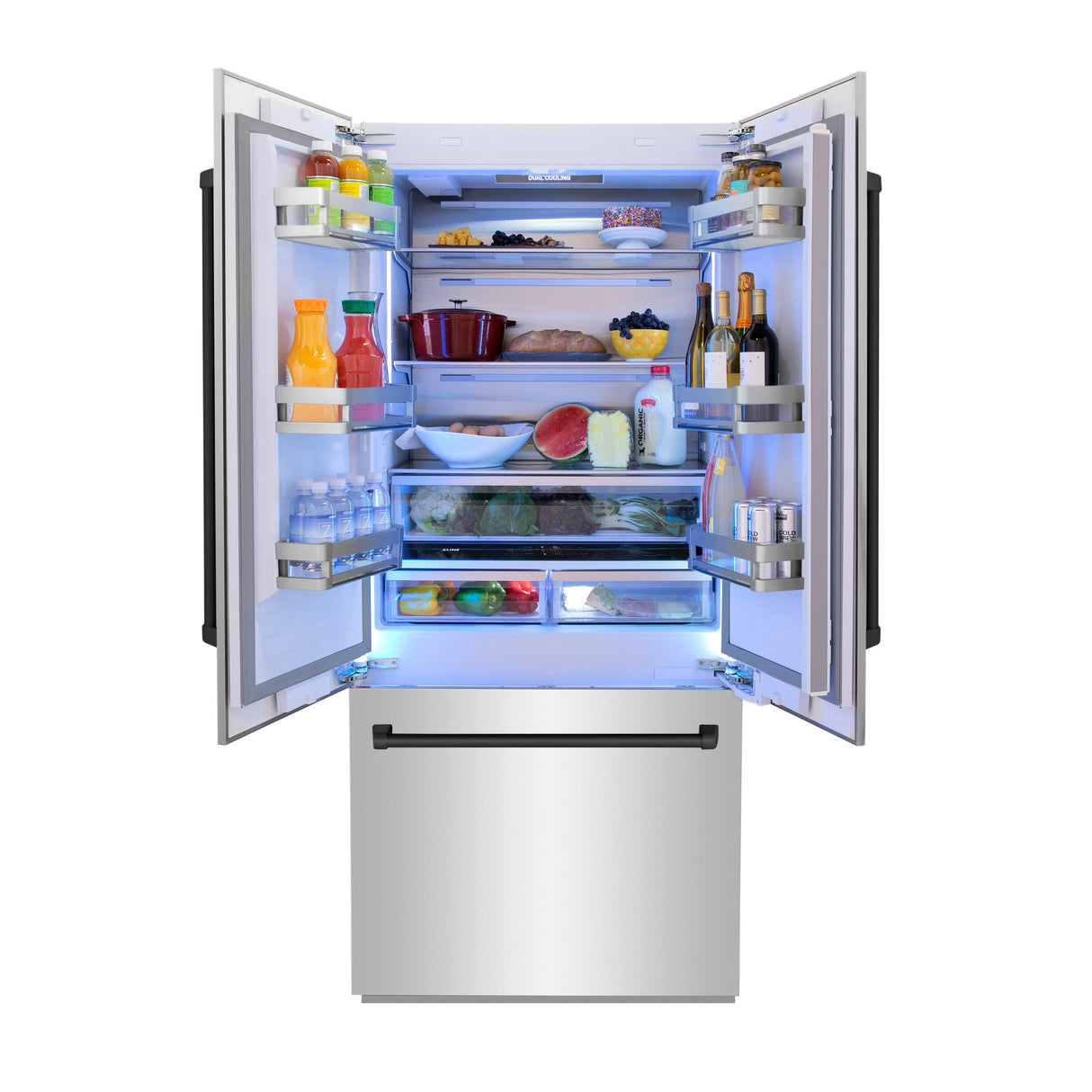 ZLINE Autograph Edition 36 in. 19.6 cu. ft. French Door Built-In Bottom Freezer Refrigerator with Water Dispenser and Ice Maker in Stainless Steel with Matte Black Accents (RBIVZ-304-36-MB)