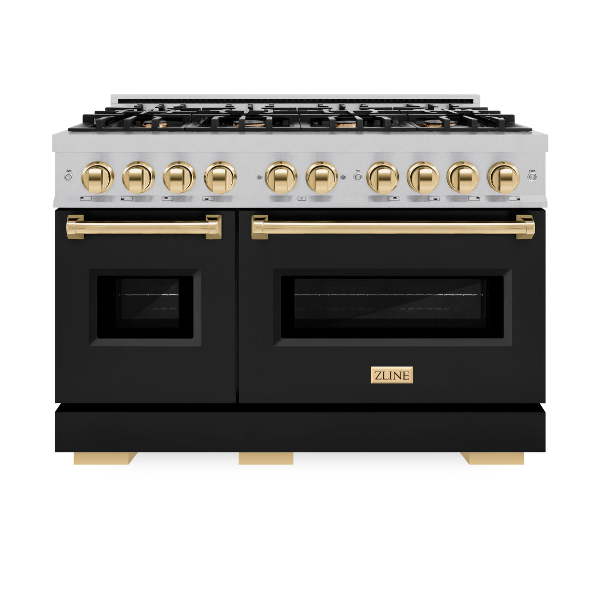 ZLINE Autograph Edition 48 in. 6.7 cu. ft. Classic Double Oven Dual Fuel Range with 8 Burner Gas Cooktop in Satin Stainless Steel with Black Matte Doors and Polished Gold Accents (CDRSZ-BLM-48-G)