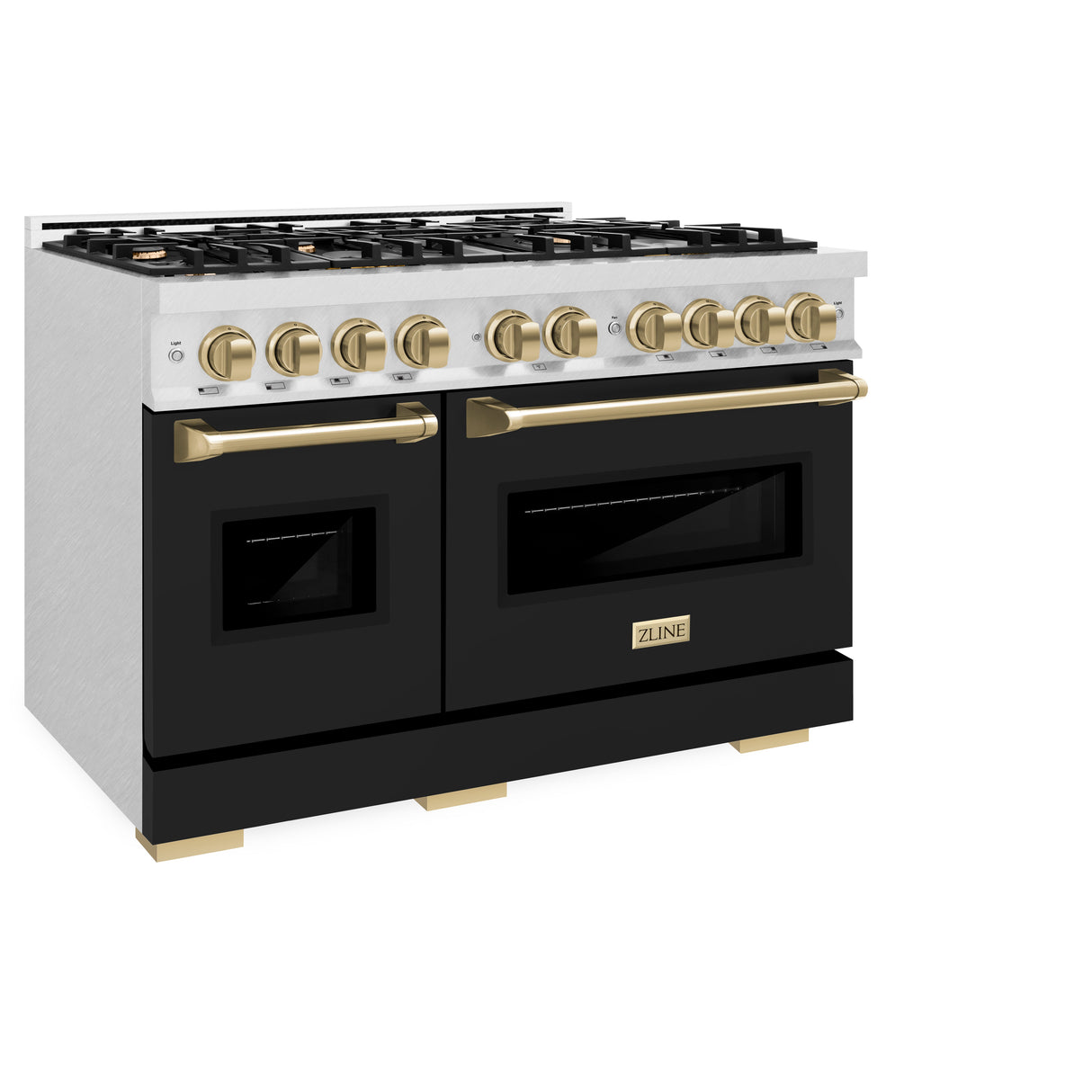 ZLINE Autograph Edition 48 in. 6.7 cu. ft. Classic Double Oven Gas Range with 8 Burner Cooktop in Satin Stainless Steel with Black Matte Doors and Champagne Bronze Accents (CGRSZ-BLM-48-CB)