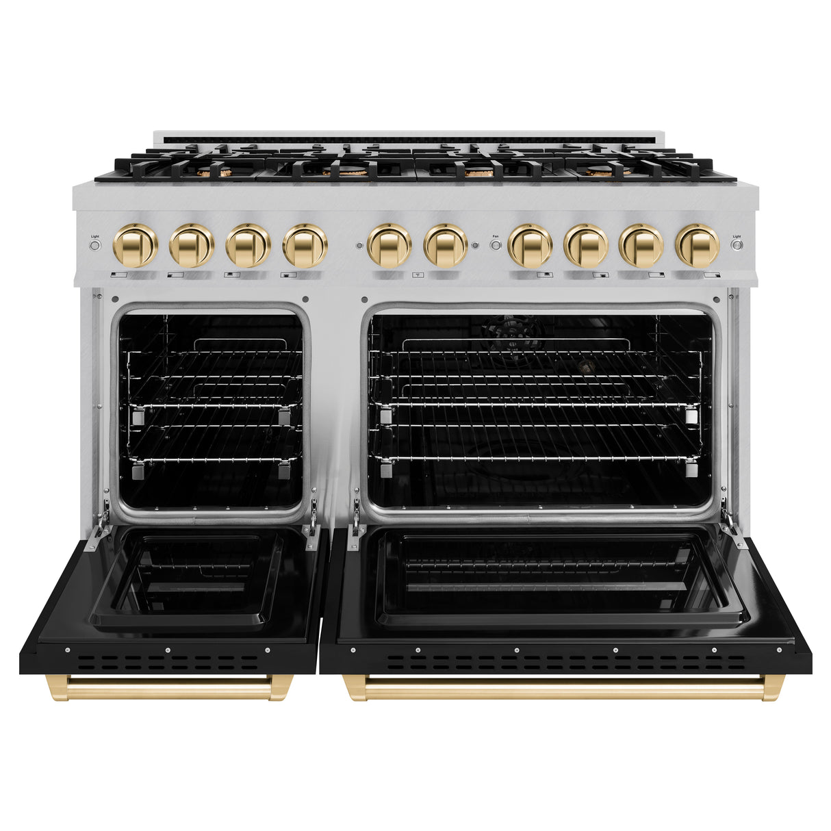 ZLINE Autograph Edition 48 in. 6.7 cu. ft. Classic Double Oven Gas Range with 8 Burner Cooktop in Satin Stainless Steel with Black Matte Doors and Polished Gold Accents (CGRSZ-BLM-48-G)
