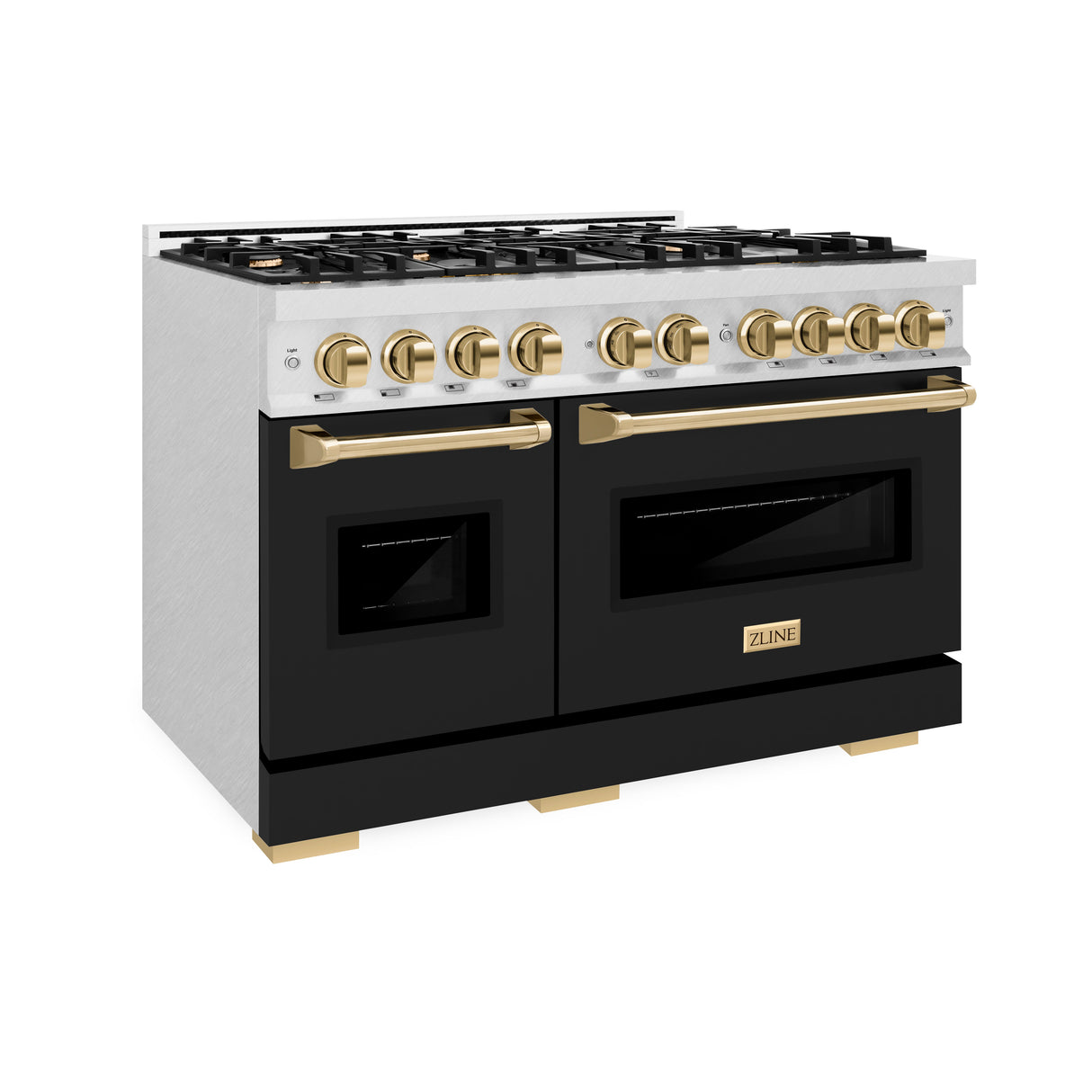 ZLINE Autograph Edition 48 in. 6.7 cu. ft. Classic Double Oven Gas Range with 8 Burner Cooktop in Satin Stainless Steel with Black Matte Doors and Polished Gold Accents (CGRSZ-BLM-48-G)