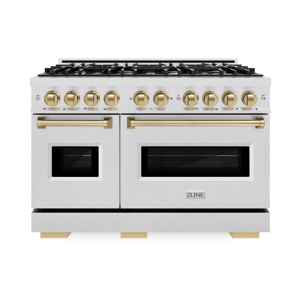 ZLINE Autograph Edition 48 in. 6.7 cu. ft. Classic Double Oven Dual Fuel Range with 8 Burner Gas Cooktop in Satin Stainless Steel and Champagne Bronze Accents (CDRSZ-48-CB)