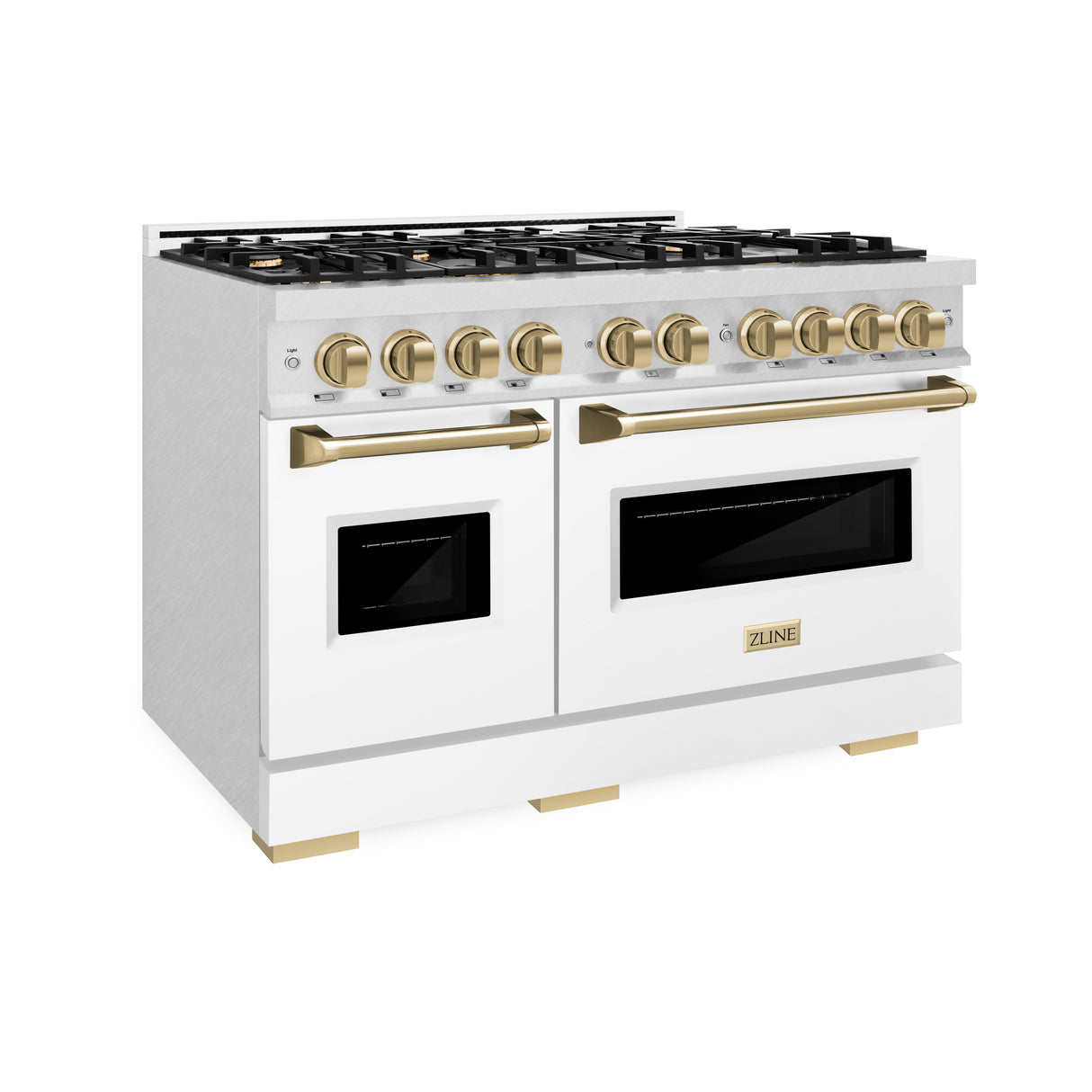 ZLINE Autograph Edition 48 in. 6.7 cu. ft. Classic Double Oven Dual Fuel Range with 8 Burner Gas Cooktop in Satin Stainless Steel with Black Matte Doors and Champagne Bronze Accents (CDRSZ-BLM-48-CB)