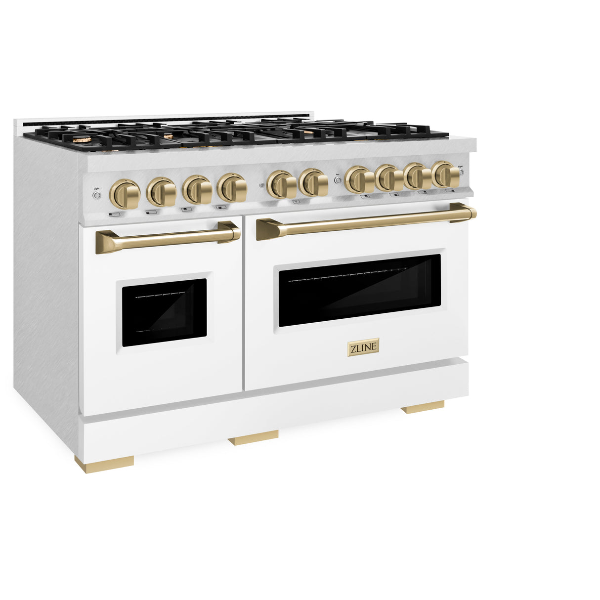 ZLINE Autograph Edition 48 in. 6.7 cu. ft. Classic Double Oven Dual Fuel Range with 8 Burner Gas Cooktop in Satin Stainless Steel with White Matte Doors and Champagne Bronze Accents (CDRSZ-WM-48-CB)