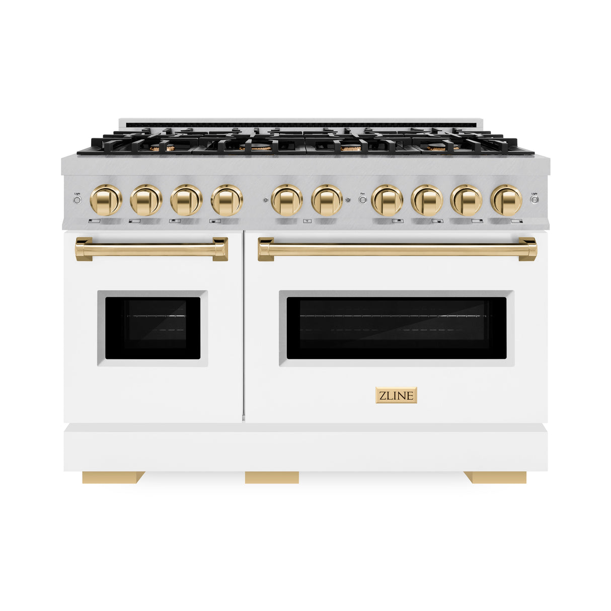 ZLINE Autograph Edition 48 in. 6.7 cu. ft. Classic Double Oven Dual Fuel Range with 8 Burner Gas Cooktop in Satin Stainless Steel with White Matte Doors and Polished Gold Accents (CDRSZ-WM-48-G)