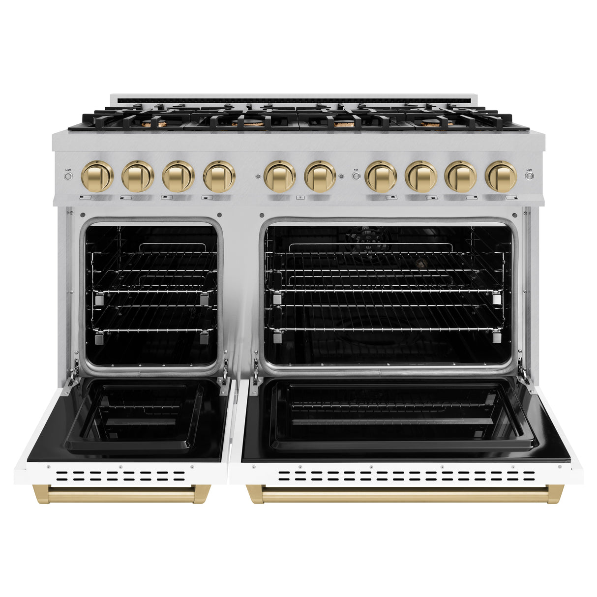 ZLINE Autograph Edition 48 in. 6.7 cu. ft. Classic Double Oven Gas Range with 8 Burner Cooktop in Satin Stainless Steel with White Matte Doors and Champagne Bronze Accents (CGRSZ-WM-48-CB)