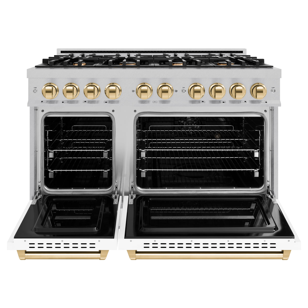 ZLINE Autograph Edition 48 in. 6.7 cu. ft. Classic Double Oven Gas Range with 8 Burner Cooktop in Satin Stainless Steel with White Matte Doors and Polished Gold Accents (CGRSZ-WM-48-G)