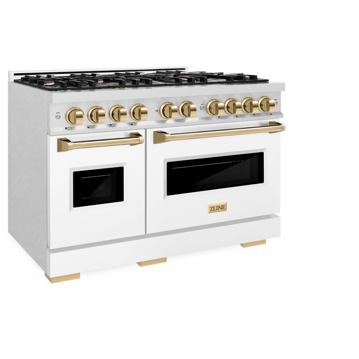 ZLINE Autograph Edition 48 in. 6.7 cu. ft. Classic Double Oven Gas Range with 8 Burner Cooktop in Satin Stainless Steel with White Matte Doors and Polished Gold Accents (CGRSZ-WM-48-G)