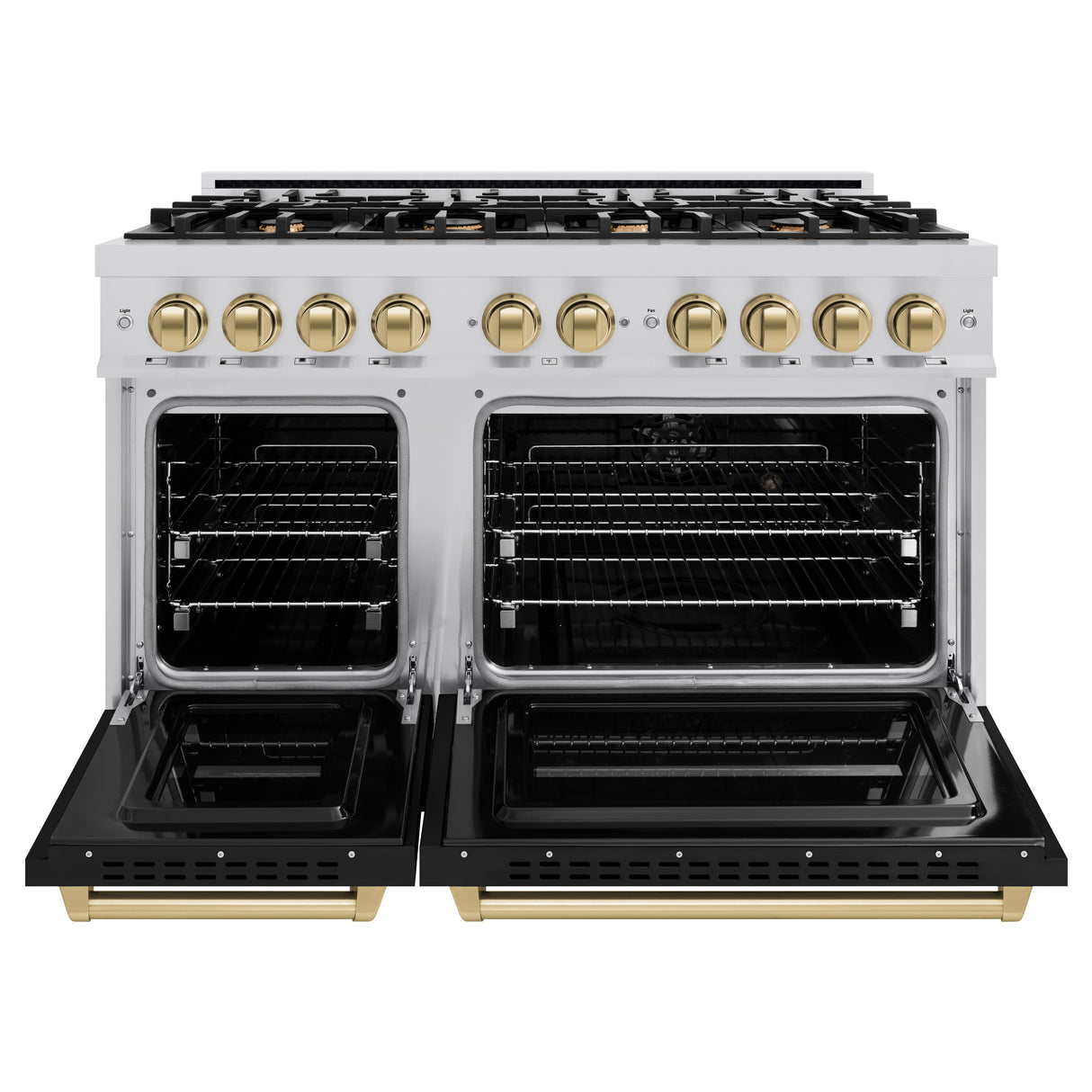 ZLINE Autograph Edition 48 in. 6.7 cu. ft. Classic Double Oven Dual Fuel Range with 8 Burner Gas Cooktop in Stainless Steel with Black Matte Doors and Champagne Bronze Accents (CDRZ-BLM-48-CB)