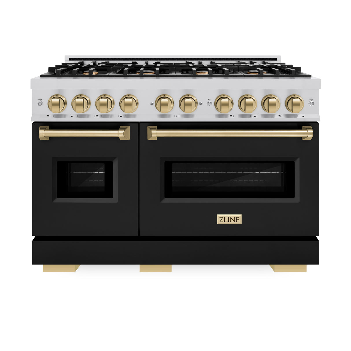 ZLINE Autograph Edition 48 in. 6.7 cu. ft. Classic Double Oven Dual Fuel Range with 8 Burner Gas Cooktop in Stainless Steel with Black Matte Doors and Champagne Bronze Accents (CDRZ-BLM-48-CB)