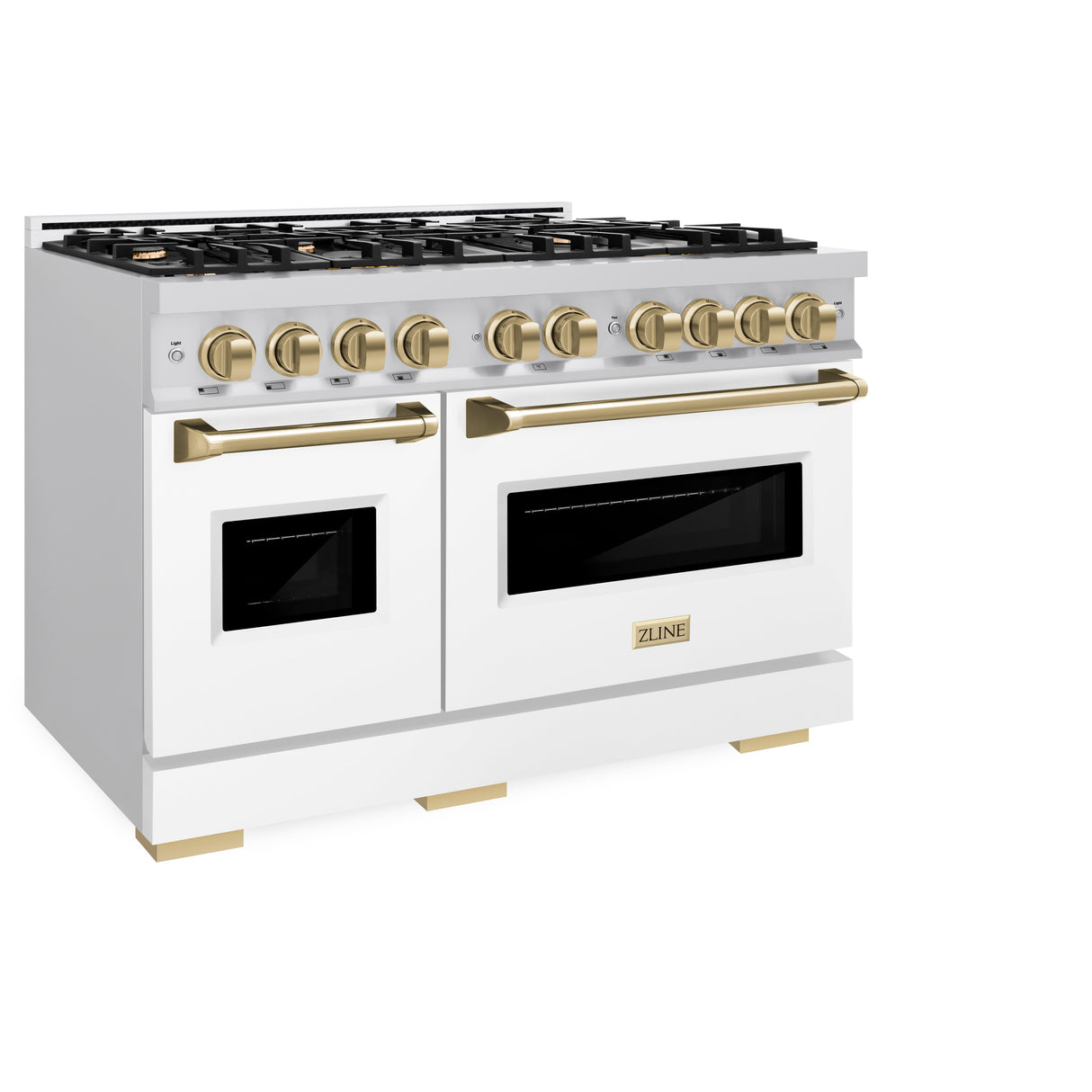 ZLINE Autograph Edition 48 in. 6.7 cu. ft. Classic Double Oven Gas Range with 8 Burner Cooktop in Stainless Steel with White Matte Doors and Champagne Bronze Accents (CGRZ-WM-48-CB)