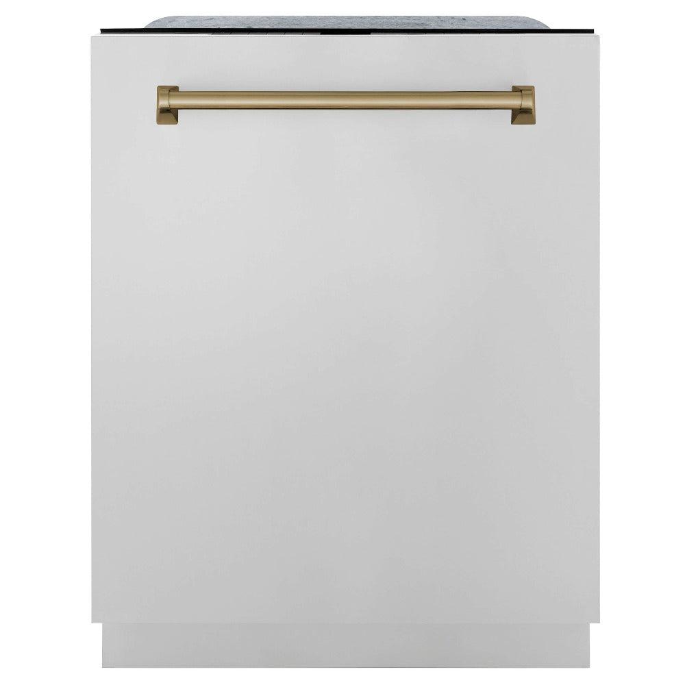 ZLINE Autograph Edition 30 in. Kitchen Package with Stainless Steel Dual Fuel Range, Range Hood, Dishwasher, and Refrigerator with External Water Dispenser with Champagne Bronze Accents (4AKPR-RARHDWM30-CB)