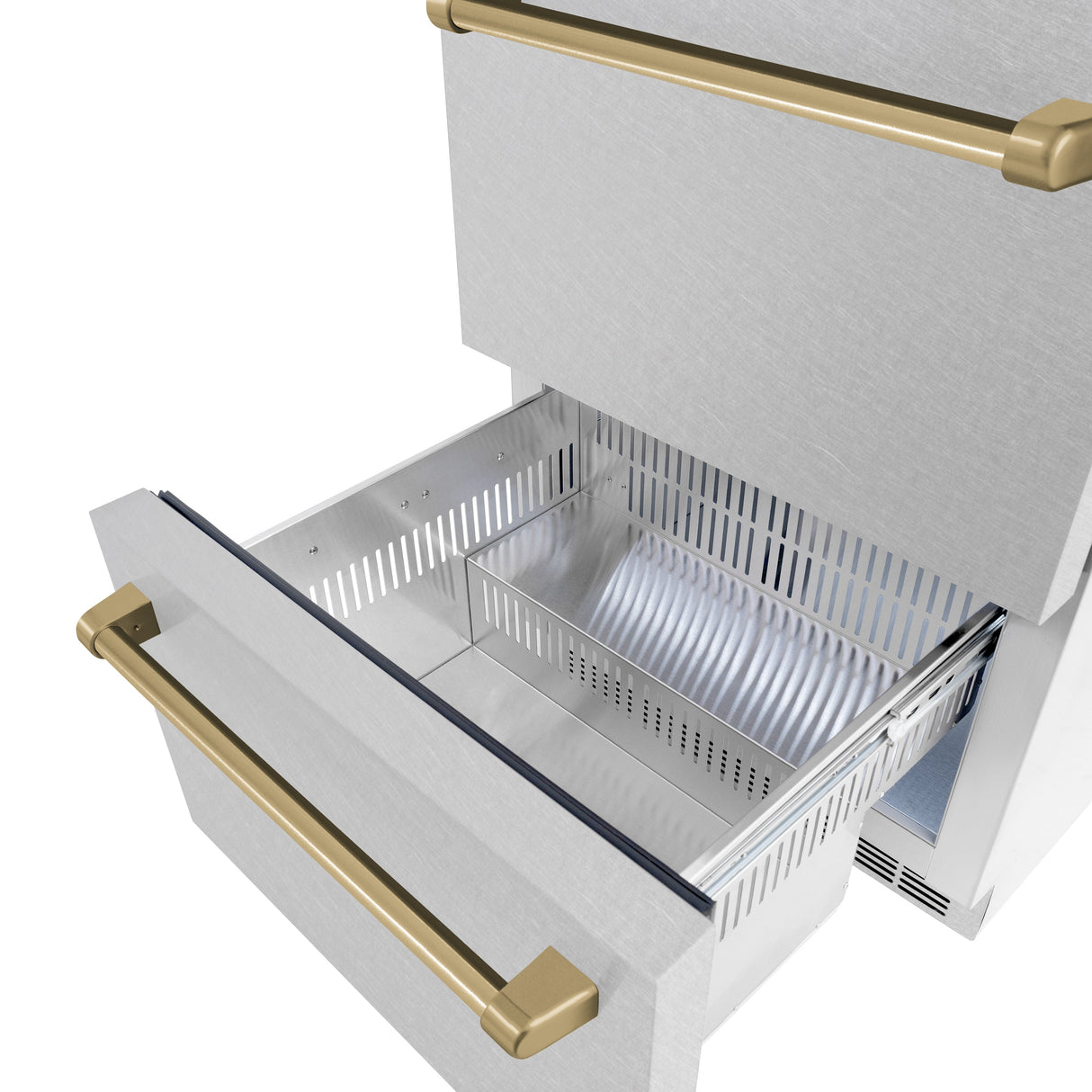 ZLINE Autograph Edition 24 in. Touchstone 168 Can Outdoor-Rated Dual Refrigerator Drawer with Satin Stainless Steel Doors and Champagne Bronze Handles (RDSOZ-SN-24-CB)