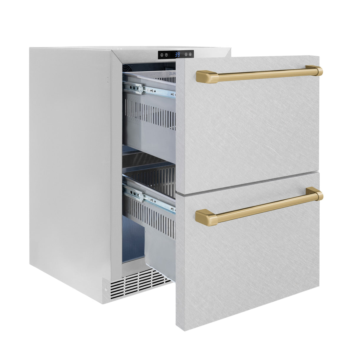 ZLINE Autograph Edition 24 in. Touchstone 168 Can Outdoor-Rated Dual Refrigerator Drawer with Satin Stainless Steel Doors and Champagne Bronze Handles (RDSOZ-SN-24-CB)