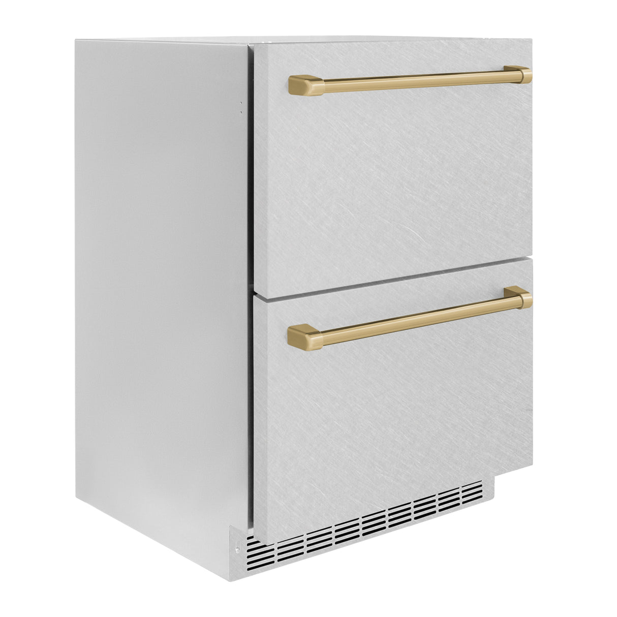 ZLINE Autograph Edition 24 in. Touchstone 168 Can Outdoor-Rated Dual Refrigerator Drawer with Satin Stainless Steel Doors and Champagne Bronze Handles (RDSOZ-SN-24-CB)