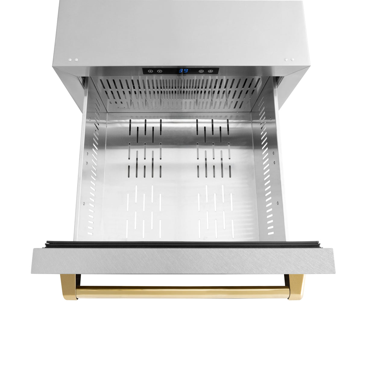 ZLINE Autograph Edition 24 in. Touchstone 168 Can Outdoor-Rated Dual Refrigerator Drawer with Satin Stainless Steel Doors and Polished Gold Handles (RDSOZ-SN-24-G)