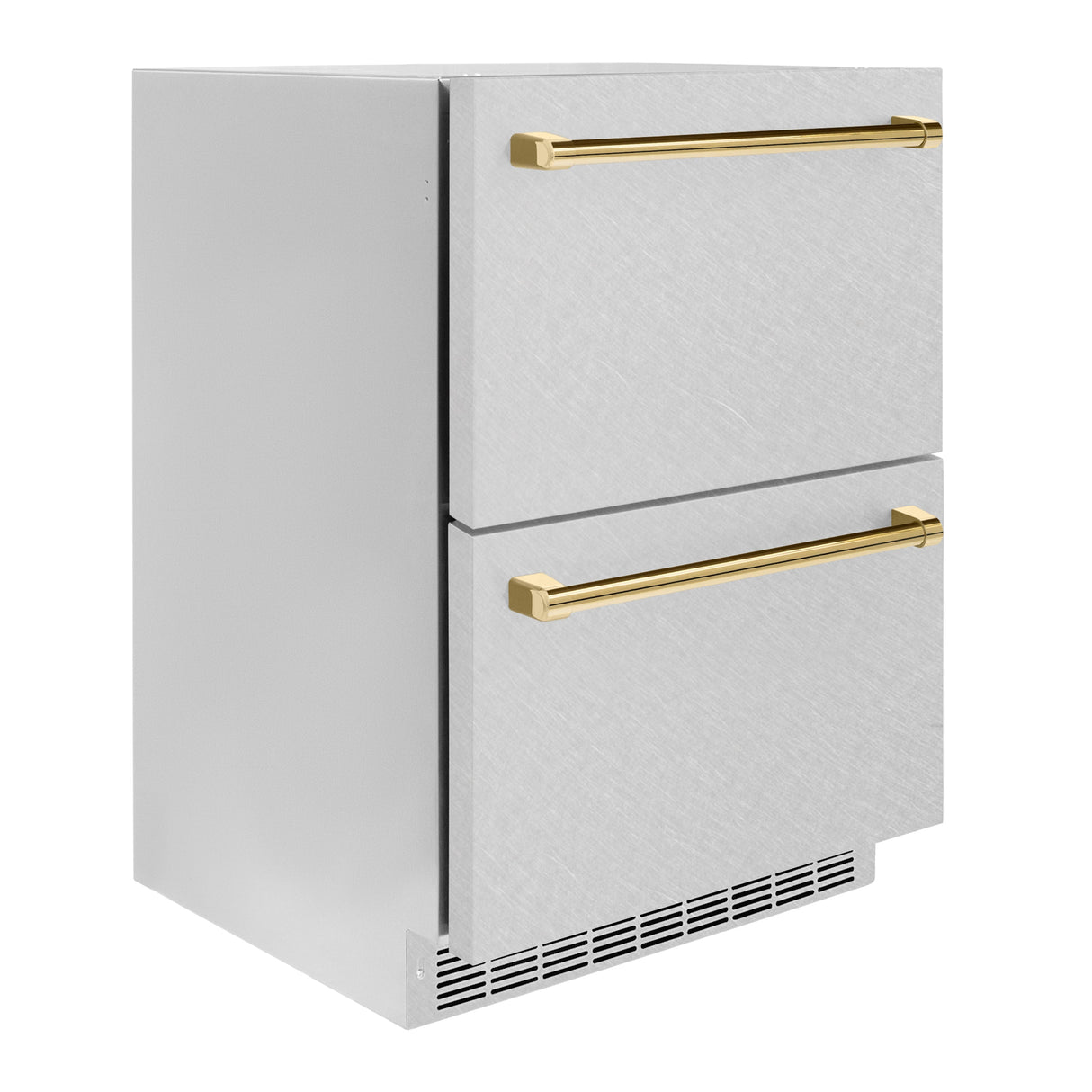 ZLINE Autograph Edition 24 in. Touchstone 168 Can Outdoor-Rated Dual Refrigerator Drawer with Satin Stainless Steel Doors and Polished Gold Handles (RDSOZ-SN-24-G)