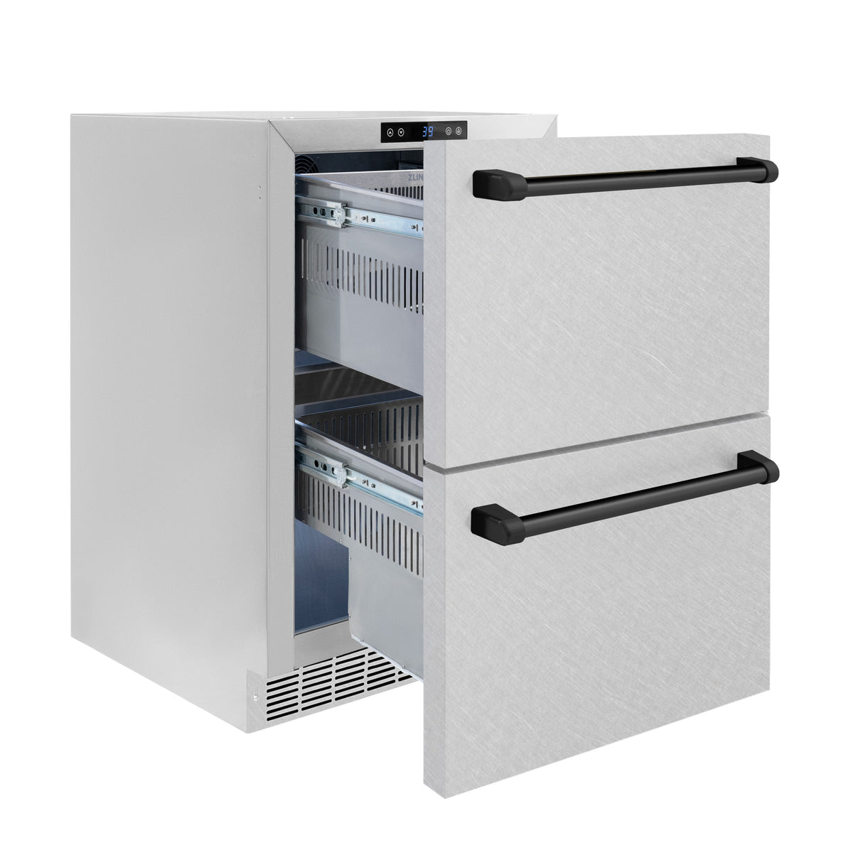 ZLINE Autograph Edition 24 in. Touchstone 168 Can Outdoor-Rated Dual Refrigerator Drawer with Satin Stainless Steel Doors and Matte Black Handles (RDSOZ-SN-24-MB)