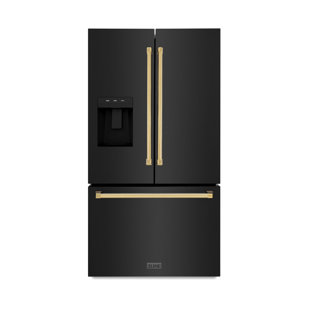 ZLINE Autograph Edition 36 in. 28.9 cu. ft. Standard-Depth French Door External Water Dispenser Refrigerator with Dual Ice Maker in Fingerprint-Resistant Black Stainless Steel and Polished Gold Traditional Handles (RSMZ-W-36-BS-G)