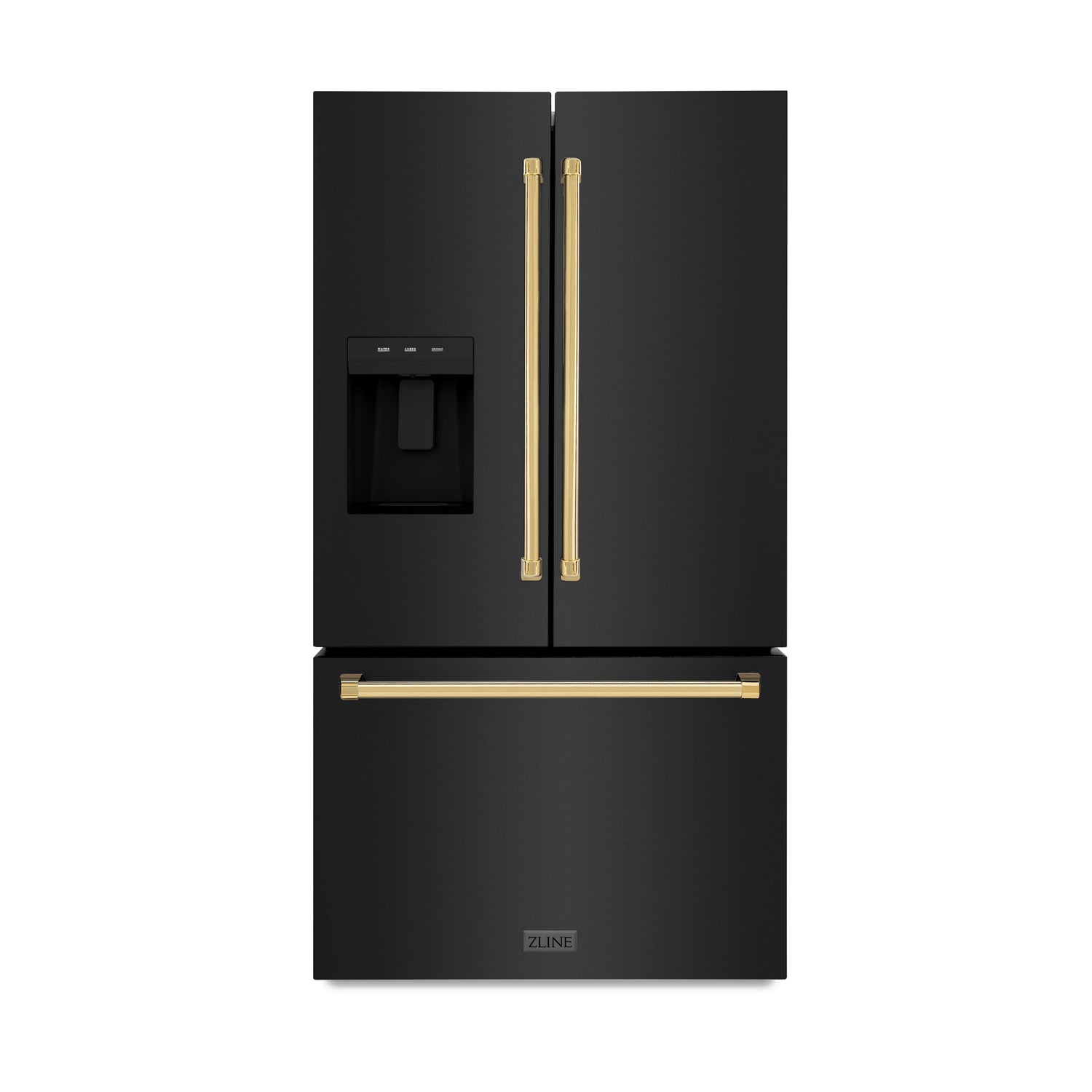 ZLINE Autograph Edition 36 in. 28.9 cu. ft. Standard-Depth French Door External Water Dispenser Refrigerator with Dual Ice Maker in Fingerprint-Resistant Black Stainless Steel and Polished Gold Traditional Handles (RSMZ-W-36-BS-G)