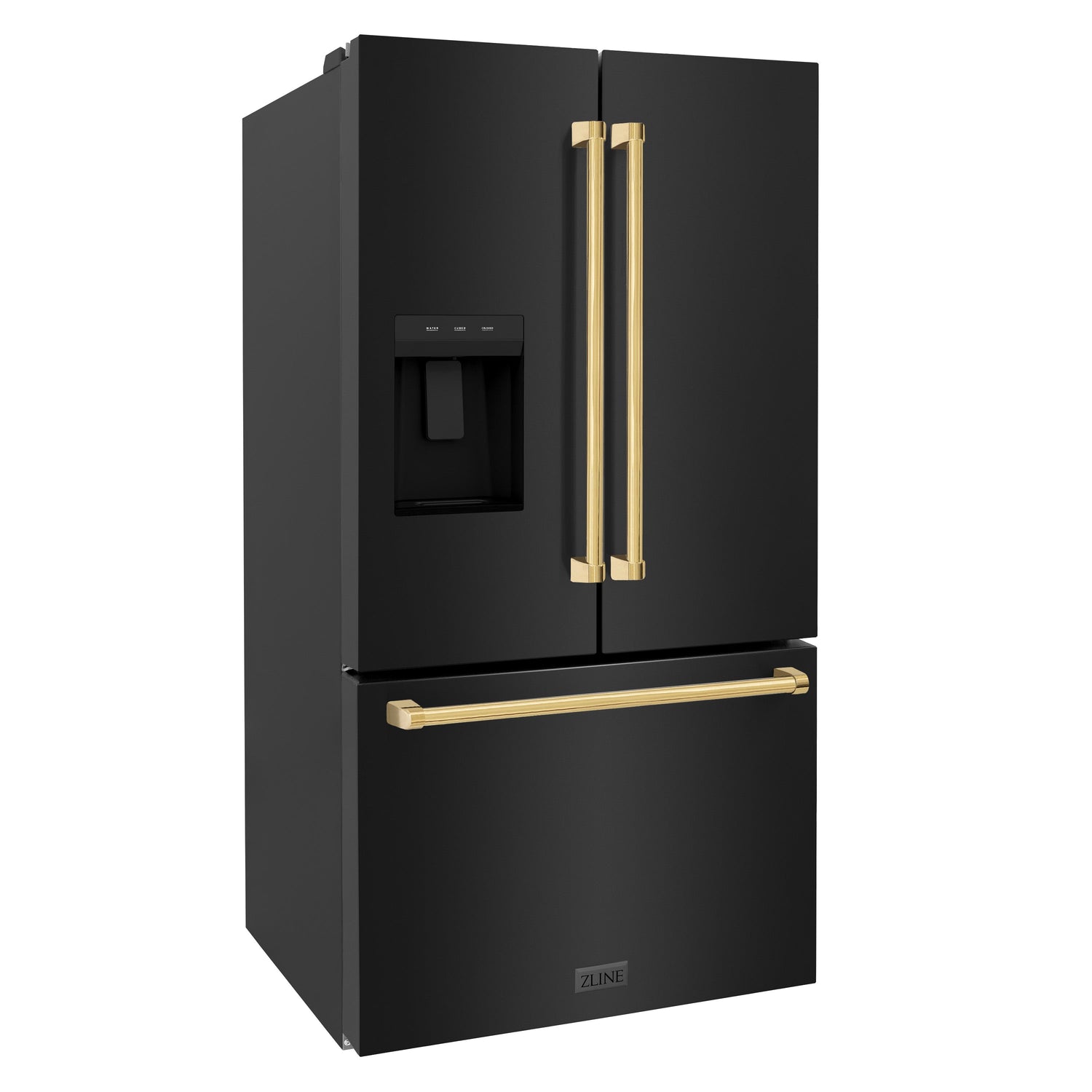 ZLINE Autograph Edition 36 in. 28.9 cu. ft. Standard-Depth French Door External Water Dispenser Refrigerator with Dual Ice Maker in Fingerprint-Resistant Black Stainless Steel and Polished Gold Traditional Handles (RSMZ-W-36-BS-G)