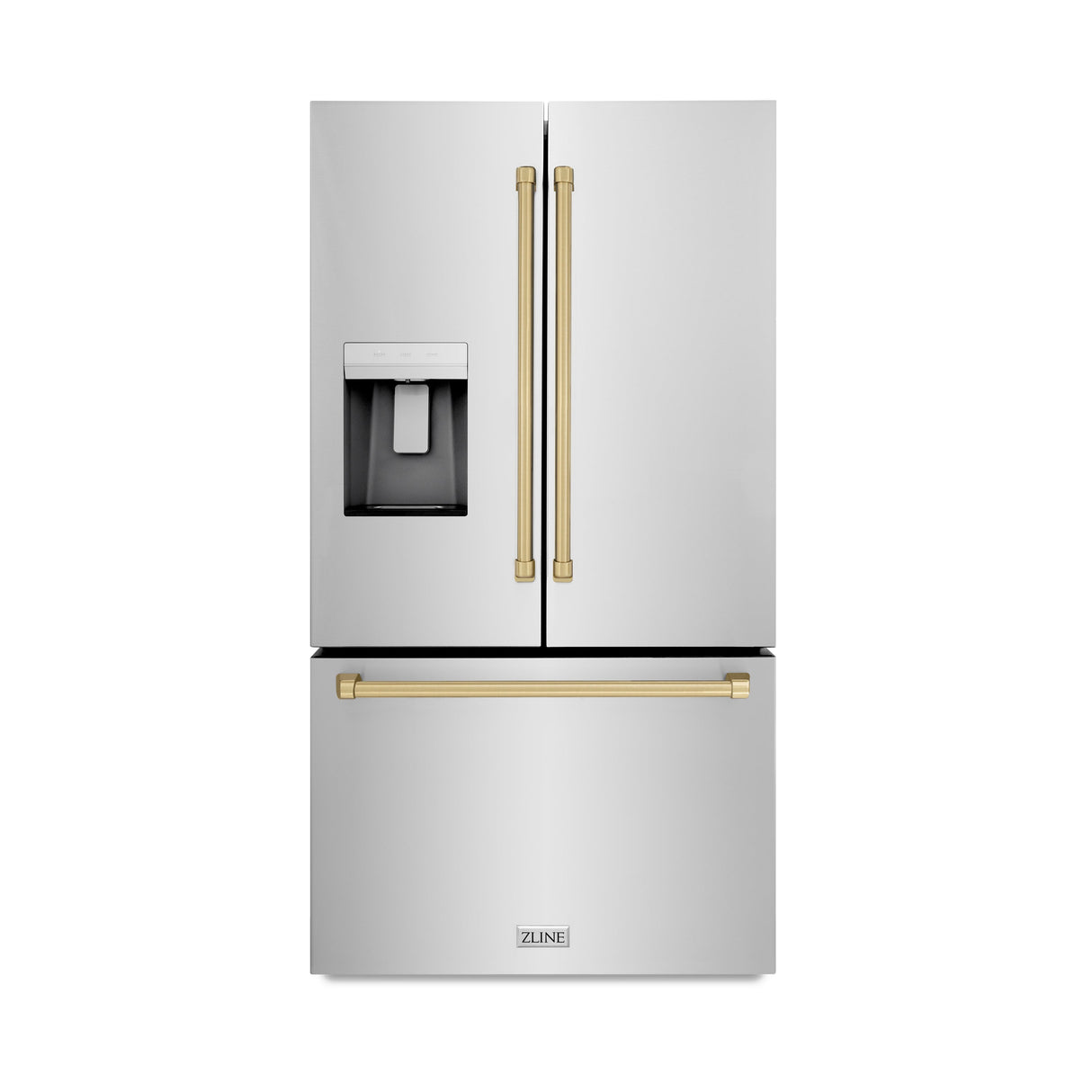 ZLINE Autograph Edition 36 in. 28.9 cu. ft. Standard-Depth French Door External Water Dispenser Refrigerator with Dual Ice Maker in Fingerprint-Resistant Stainless Steel and Champagne Bronze Traditional Handles (RSMZ-W-36-CB)