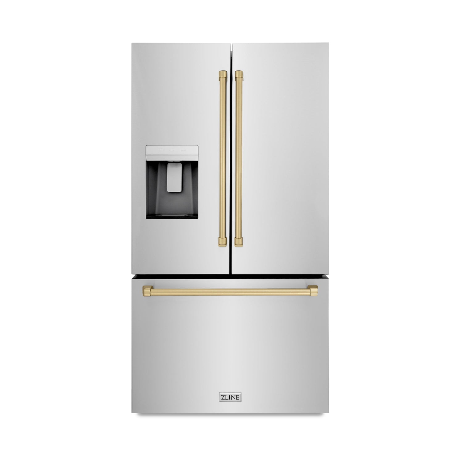 ZLINE Autograph Edition 36 in. 28.9 cu. ft. Standard-Depth French Door External Water Dispenser Refrigerator with Dual Ice Maker in Fingerprint-Resistant Stainless Steel and Champagne Bronze Traditional Handles (RSMZ-W-36-CB)