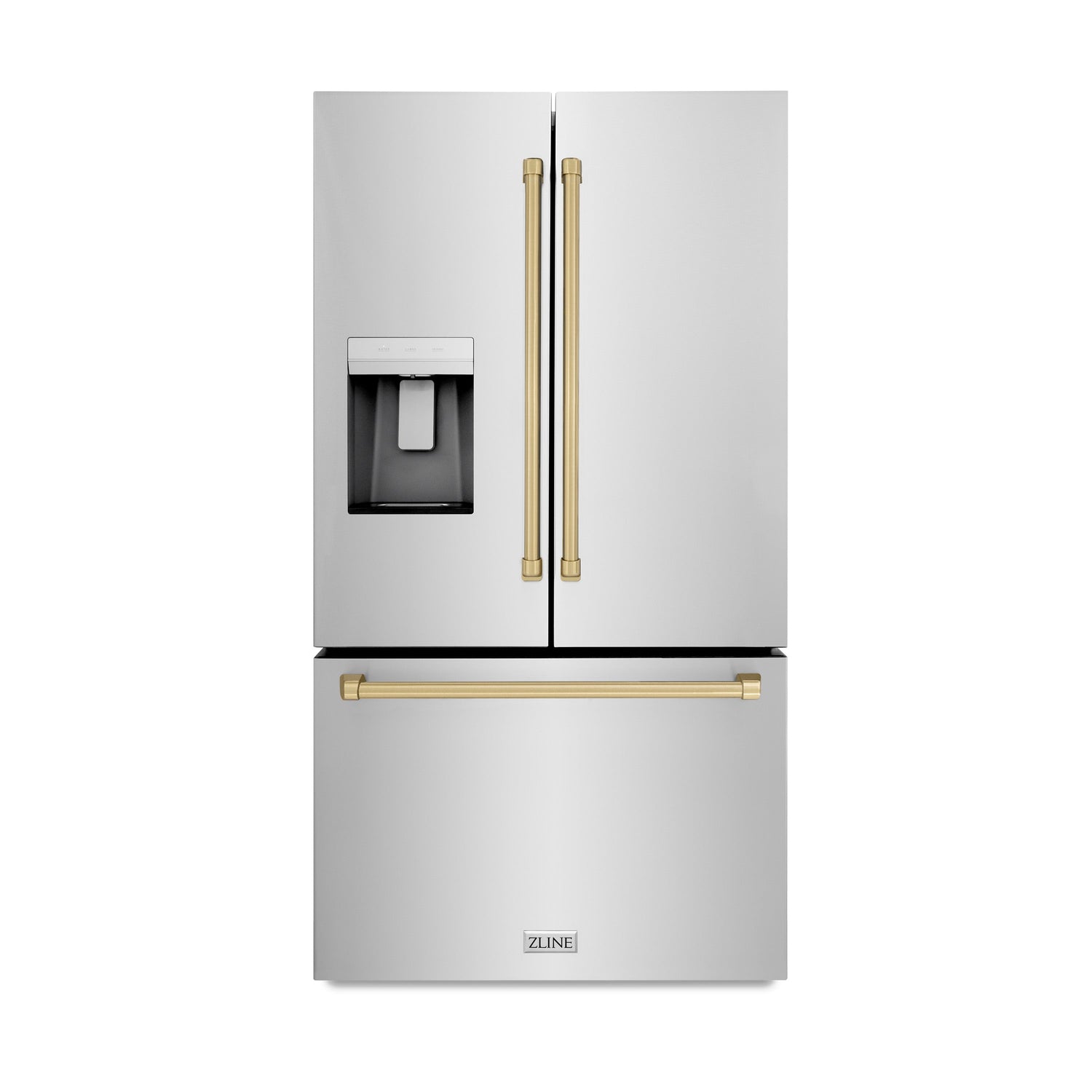 ZLINE Autograph Edition 36 in. 28.9 cu. ft. Standard-Depth French Door External Water Dispenser Refrigerator with Dual Ice Maker in Fingerprint-Resistant Stainless Steel and Champagne Bronze Traditional Handles (RSMZ-W-36-CB)